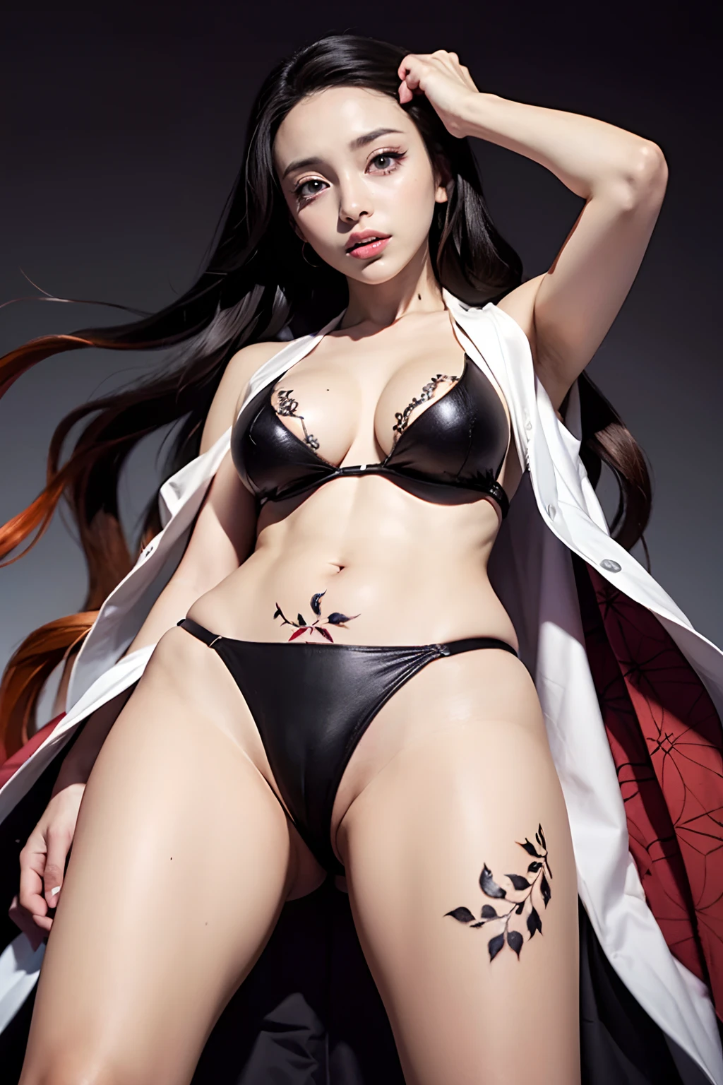 (foto ultra realista de Nezuko kamado deusa da beleza, Olhos cor-de-rosa brilhantes), Angry and angry expression, ela tem um chifre, 8k, UHD, quente com seios ultra gigantes, enormes seios longos saindo do quimono, Erotic, (corpo magro e curvo, muscular abdomen), com longos cabelos pretos e pontas alaranjadas, (Sexy pink japanese kimono, Thong preso nela , pelos pubianos mostrando), corpo curvo perfeito, Nezuko with a piece of bamboo shoved up her ass, ( Nezuko, Nezuko-chan, Demon Slayer art style, Kimetsu no yaiba), personagem de anime feminino sexy, (Nezuko, In his demonic form, Seios enormes, seios longos gigantes saindo de suas roupas, seus seios saindo do quimono, mostrando seus belos seios pontiagudos), (The length of her ultra giant breasts goes all the way down to her toned belly, She has leaf tattoos running all over her sexy erotic body), Demon Slayer rui fanart, empunhando kunai, Marin Kitagawa Fanart, arte de anime limpa e detalhada, uma mulher berserker muito bonita, por Kamagurka, arte profissional, Detalhe perfeito, (Nezuko kamado in her demonic form showing her giant and furry , based on the demon Slayer Kimetsu no yaiba), Foto profissional tirada de perto, Suculento, succubus , malcriado, showing , , micro calcinha mostrando parte dela , she is (nu)