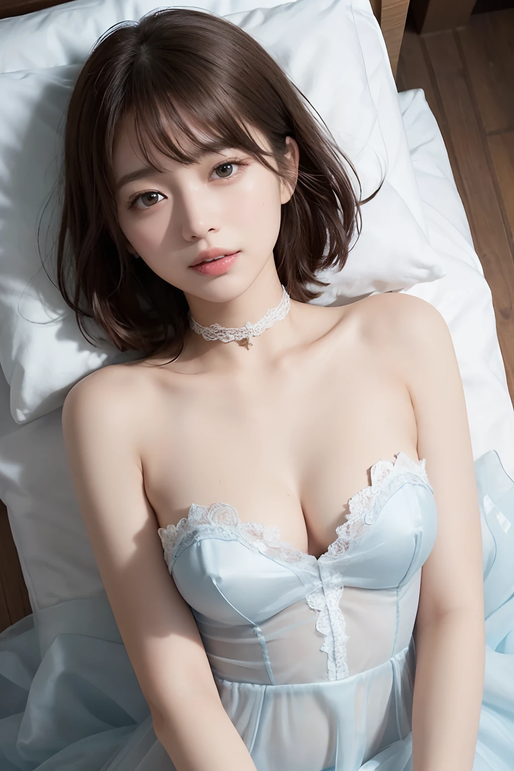 (((((Over Head Shot、Lie on your own back 、bird’s-eye view)))))、poneyTail、masutepiece, Best Quality, One girl, (a beauty girl, kawaii:1.3), (17-year-old beautiful girl high school student:1.3), Very fine eye definition, (Symmetrical eyes:1.3), NSFW, (inside in room:1.2), (Beautiful nipple:1.3), ((small tits))、 Brown eyes, Parted bangs, Brown hair, (​masterpiece、top-quality)、depth of fields、1girl in、finely detail、high detailing、High quality shadows、beautiful detail、(bokeh dof:1.5)、Photo by Canon EOS、SIGMA Art Lens 35mm F1.4、ISO 200 Shutter Speed 2000、
独奏,(((inside in room)))、((naked transparent silk dress)),Red knitted dress、poneyTail、((all-fours)), bblurry, (High Detail Skin, Skin Details),  Medium Hair , cparted lips,  stick out your tongue a little、Light brown hair、wetted skin、((fullnude))、Face with a grin、((Light blue lace stockings and choker))、The most beautiful girl in Japan