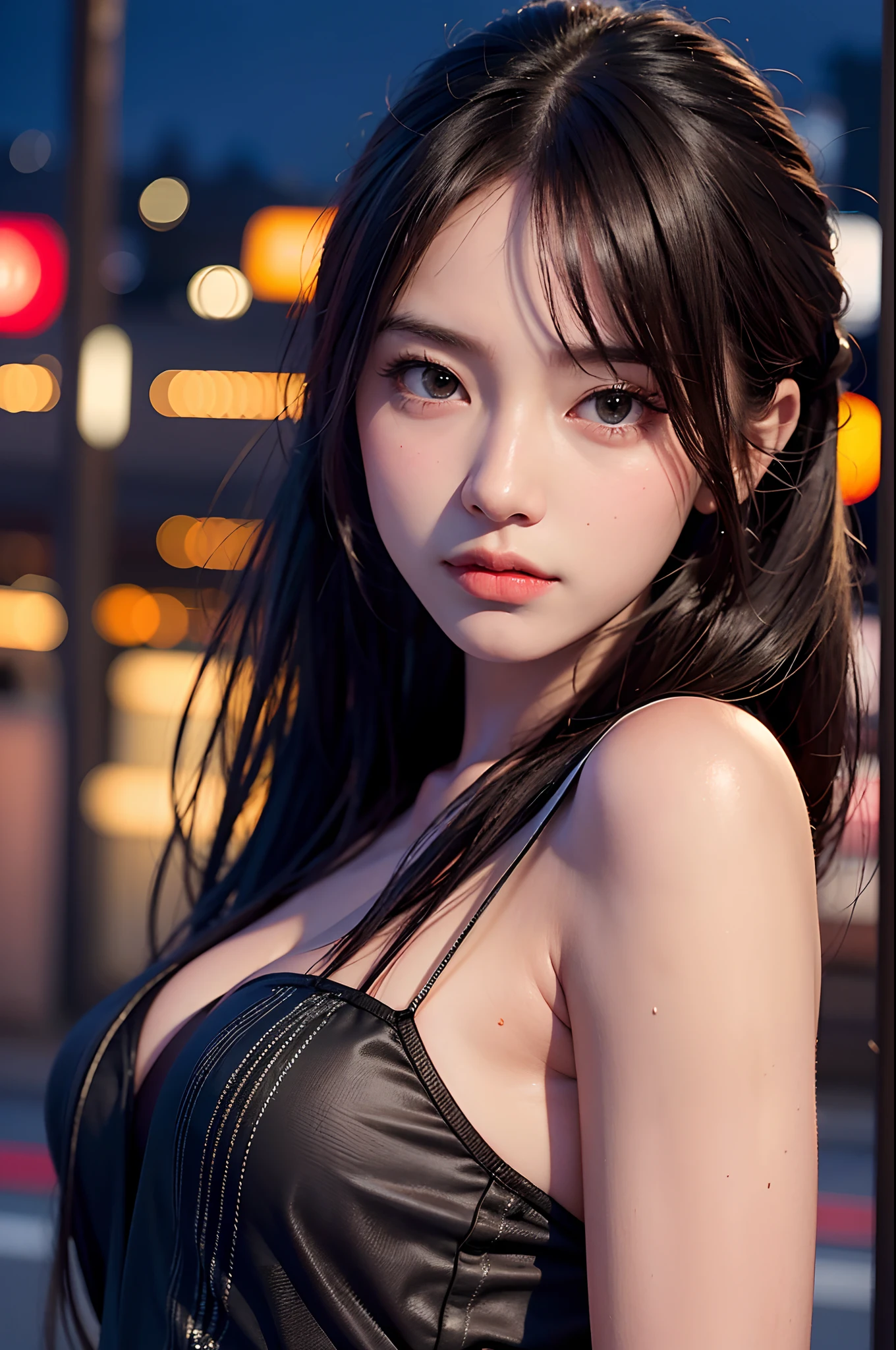 1girl, Tokyo street,night, cityscape,city lights, upper body,close-up, 8k, RAW photo, best quality, masterpiece,realistic, photo-realistic,