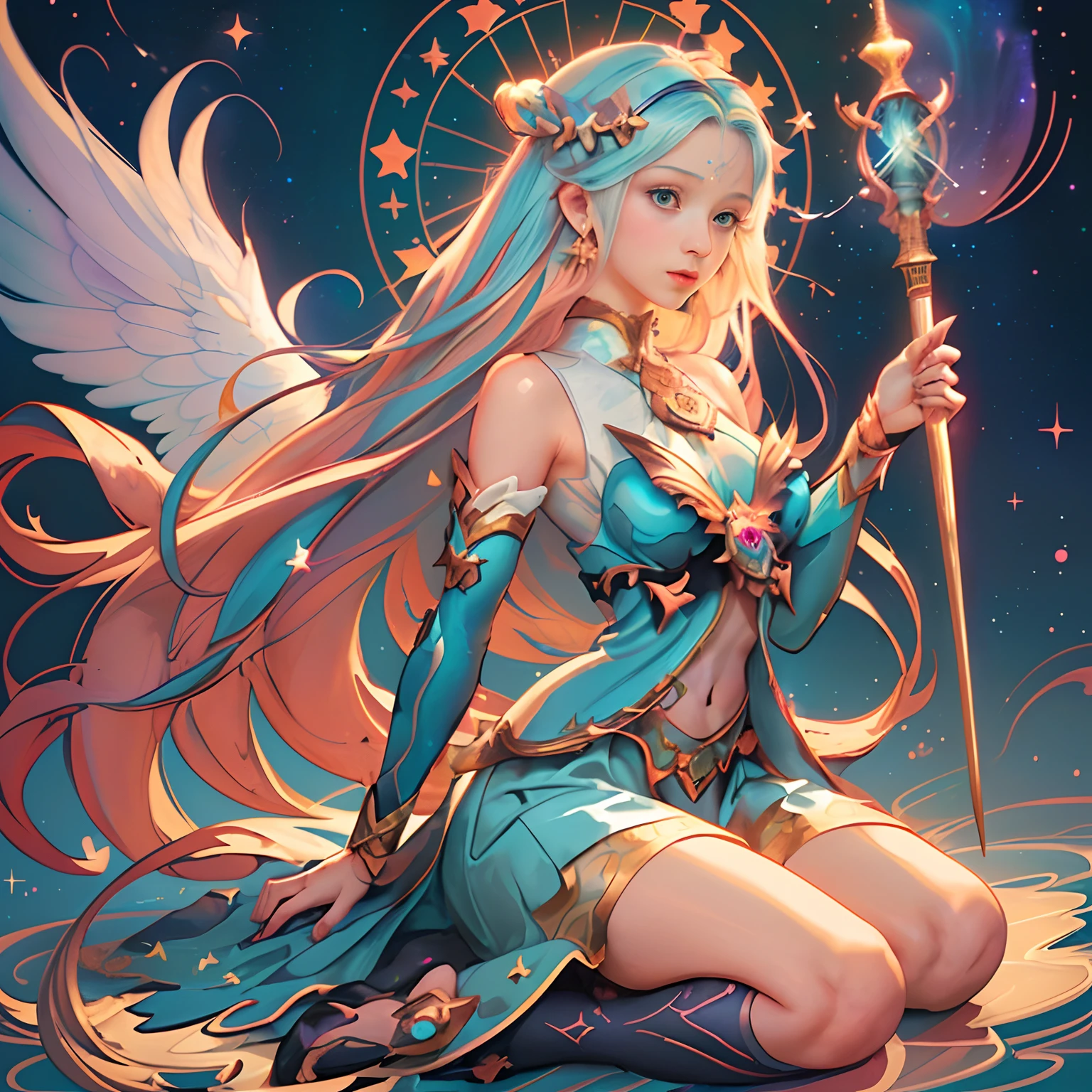 mermaids, The long-haired, magia (masterpiece, Superior Quality, top-quality, offcial art, Beautiful and aesthetic: 1.2), (1girl in:1.3), (Fractal Art:1.3),There are very beautiful women and swords in the field, Costume Costume, Seductive Magical Woman, cleric, ornate armor, Dressed as Juliet Cleric, Highly detailed shots of the goddess, lunar themed attire, intricate clothing, pretty female cleric, System 2, Wear fancy clothes, Blonde goddess, wearing shiny breastplate, ((top-quality)), ((masterpiece)), ((realist)), Portrait 1 girl, celestial, Divinity, goddes, light Particle, Halo, look at viewr, bare-legged, Bare arms, bare-legged, bare shoulders, The top of the chest tube, (Bioluminescence Center: 0.95) Angelic, Bioluminescence Center, vibrating, colouring, Farbe, (with light glowing, brilliance), (Beautiful composition), cinematic lightening, Convoluted, (symmetric: 0,5), capricious, Very big and perfect hair