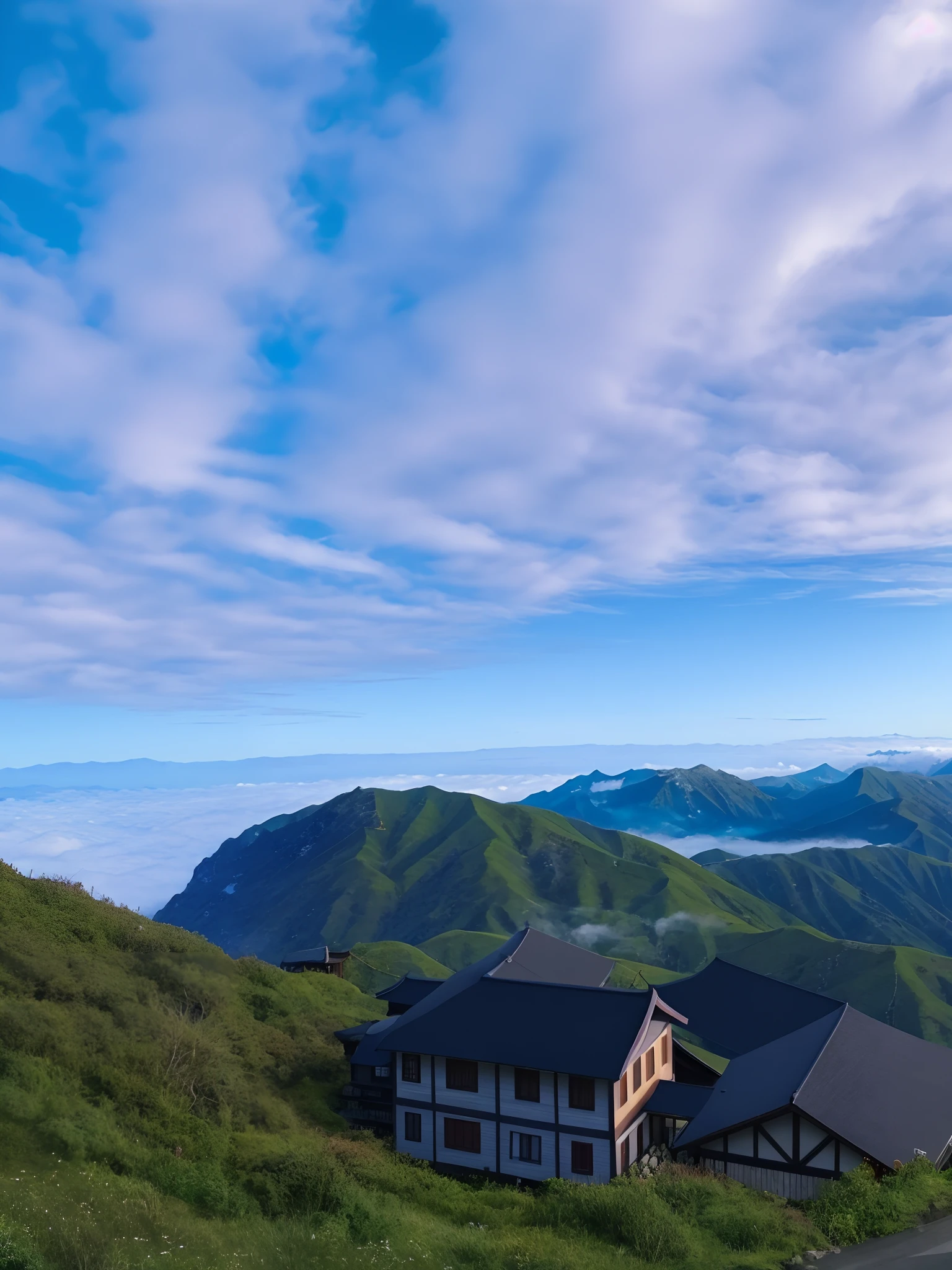 There are houses in the mountains,blue-sky, Far view, heaven in the top, integrated in the mountains, author:Tadashige Ono, detailed scenic view, “ aerial view of a mountain, beautiful morning, cafe in the clouds, Beautiful image, view above the clouds, mountainous setting, japan mountains, 8 k''. filling of the view