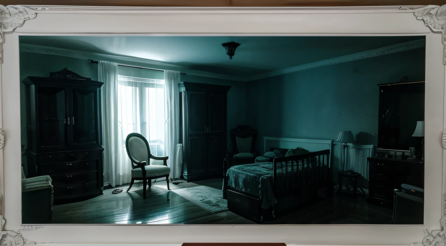 (highres,realistic:1.2),indoor night scene,paranormal,poltergeist,ghostly presence,chairs,wardrobes,thumbnail,horizontal composition,haunting atmosphere