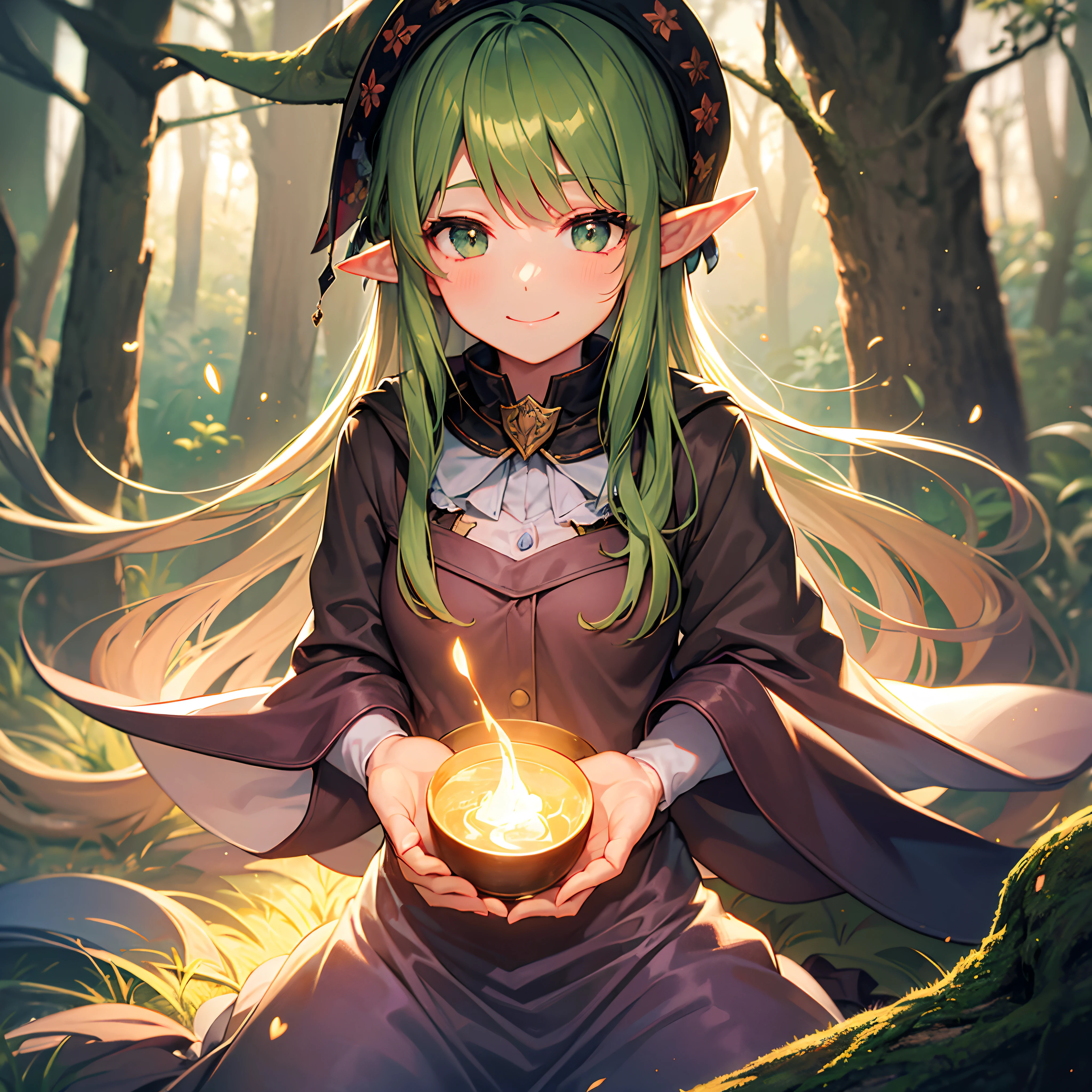 Mysterious light in the forest、 Fantastical Mystical Gentle Beautiful Elves magia mid night Warm light a smile One person on the screen