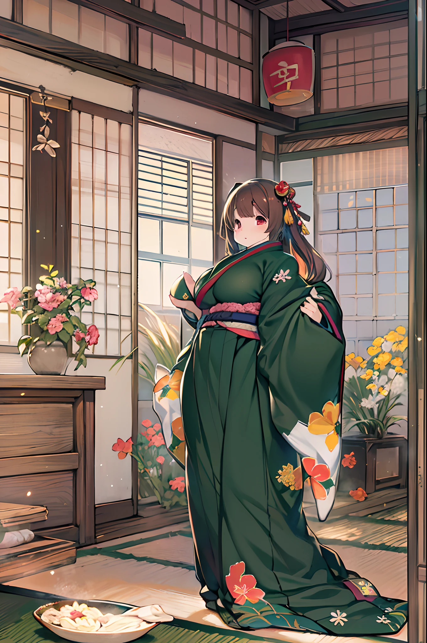 (8K, Best Quality, masutepiece, Ultra high definition: 1.2),Kimono,traditional Japanese room,Hakama,fullllbody、huge-breasted、bbw、BBW、Anime style、Chubby