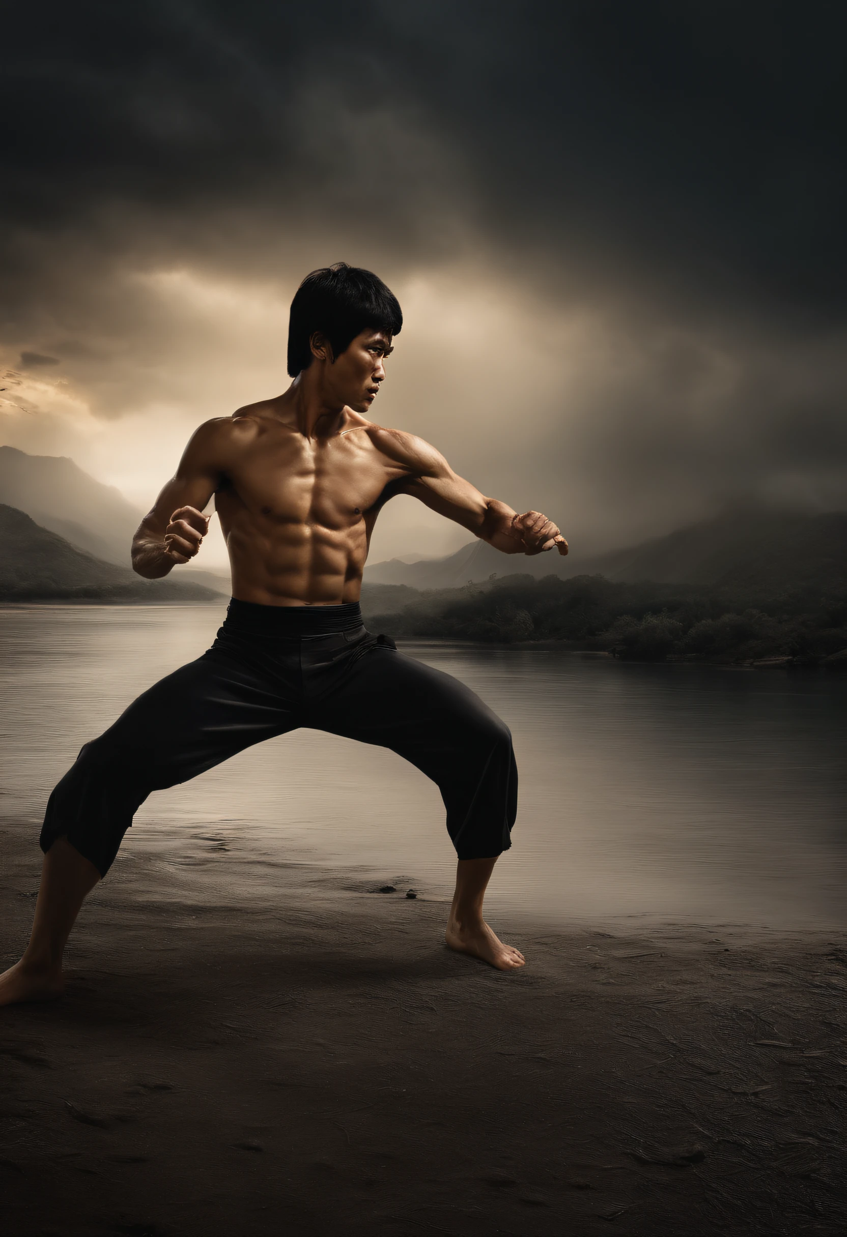bruce lee, surreal, tense, cold, highly detailed, sharp, professional, 8k UHD, movie, dark, violent, outdoor, river, battle, chase, dramatic, vivid, tense atmosphere, rendering, epic, twilight, HDR, album cover, blizzard, lightning, disaster