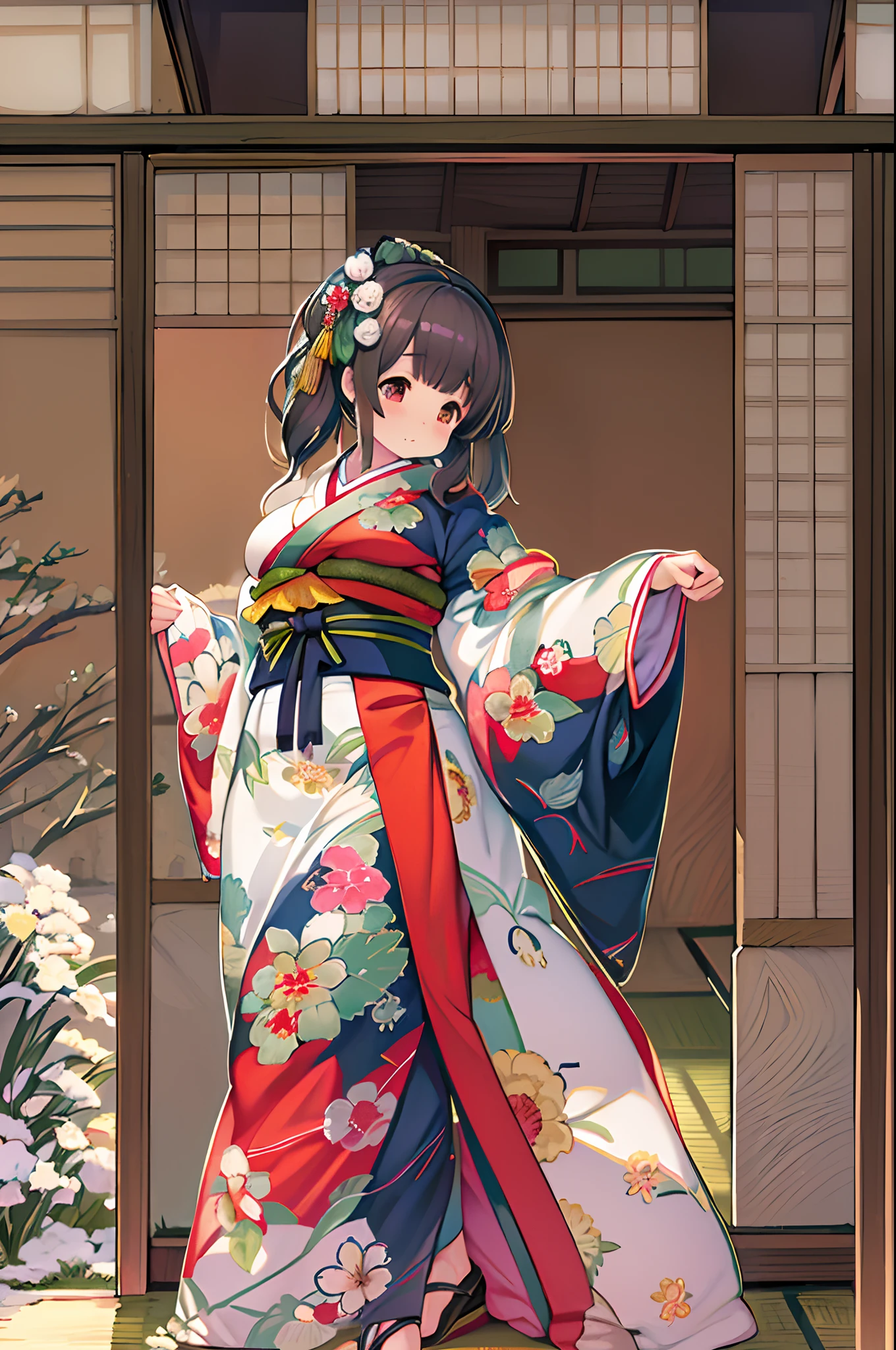 (8K, Best Quality, masutepiece, Ultra high definition: 1.2),Kimono,traditional Japanese room,Hakama,fullllbody、huge-breasted、bbw、BBW、Anime style、Chubby