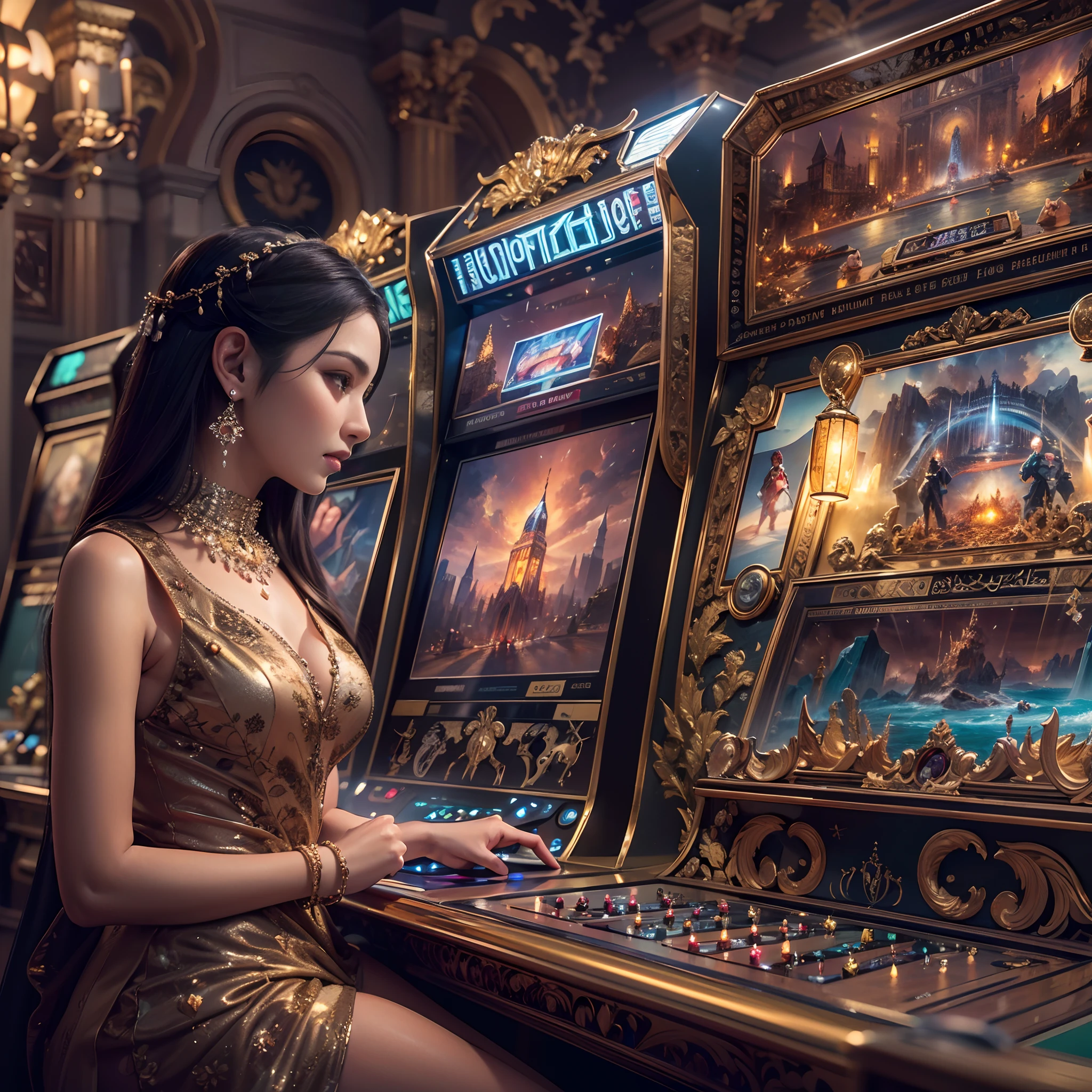 in a panoramic view，photorealestic，Luxury game hall in retro style，4 vintage luxury arcade machines，Made in gold，Diamond gemstone decoration，Ancient games，Beautiful woman playing games，Wearing a veil of gorgeous Arabian luxury style，Perfectcomposition，the detail，The light and shadow work best，HighestQuali，This CG-rendered realistic painting gives a grand scene and visual impact，Let the viewer feel a wonderful and magnificent sci-fi world。Epic，detail-rich，It forms a spectacular sight，Use Pixai to bring powerful AI models to life, Show the limitless creativity and possibilities of our imagination. Experience the future of the cityscape at Pixai，Immerse yourself in a visionary world of art，the detail, Masterpiece, Best quality, 8K, (Oily skin, cell-shaded:1.3), line art in colour, (The art of Maciej Cuciara:1.15), art of greg rutkowski，Intricate details, finetextures, Surreal，Perfectcomposition，A detailed，Cinematic texture，realisticlying，photorealestic，HighestQuali，，Version tone mapping， highly  detailed， Smoothness， Sharp focus， Beautiful illustration， Epic effect，photore， The light from the back window is backlighted， 动态照明， Mist， 复杂， filmgrain， professinal，，Volumetriclighting， subsurfacescattering， Good highlights， Good shadows， cinematic ligh，Beautiful studio soft light，rim-light，ellegance，beatiful background，rendering by octane，HR Giger style，8K，top Quority，tmasterpiece，illustratio，smooth and beautiful，highly  detailed，CG wallpaper，（realisticlying，Fidelity：1.37），outstanding，Exquisite details，tmasterpiece