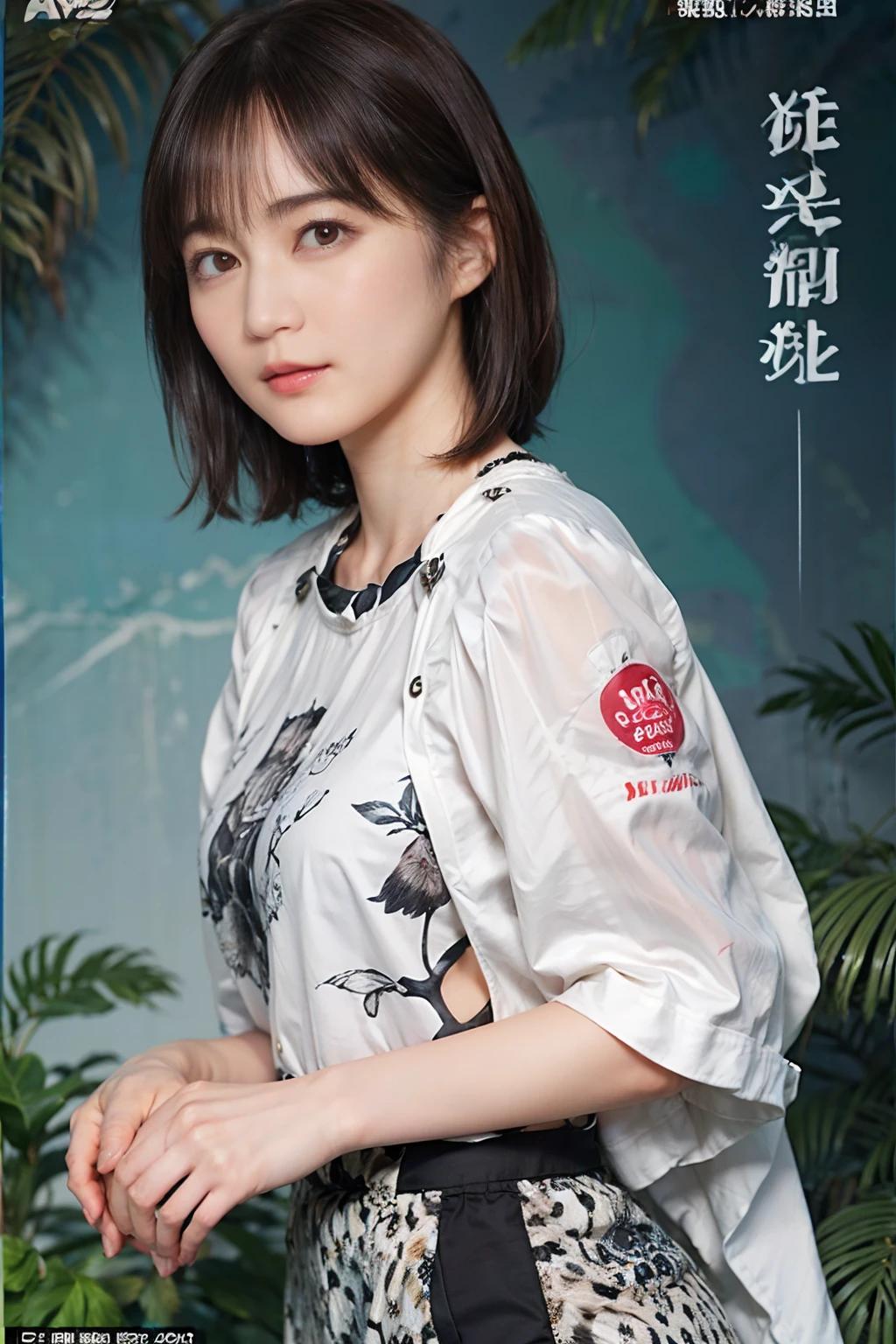 60
(a 20 yo woman,is standing), (A hyper-realistic), (masutepiece), ((A dark-haired、short-hair:1.3)), (Breast), Gentle expression, (Clothing printed with wild animal characters)