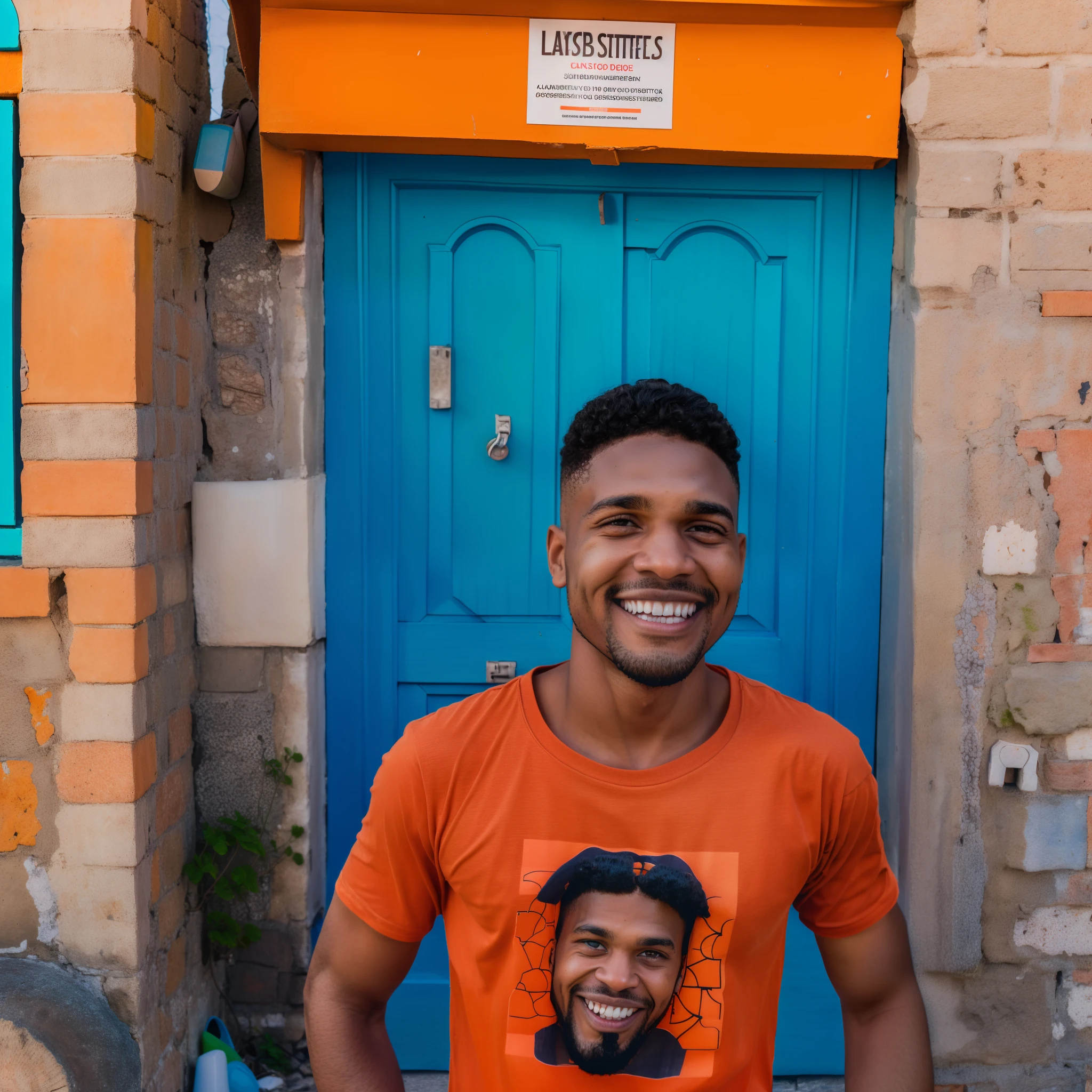 full body portrait photo of a light_skin man down the street of Matera, in front of a wooden door. He's amazed by the breathless panorama around him. off-end road, garbage dumpsters, light_skin, smile, (light_skin), white skin, light skinned, he wears a yippie orange t-shirt with colored drawings on it. blurred background, with highly detailed face, sharp focus, intricate details, highly detailed, real pores, visible teeth. Shot from a dutch angle. wide angle