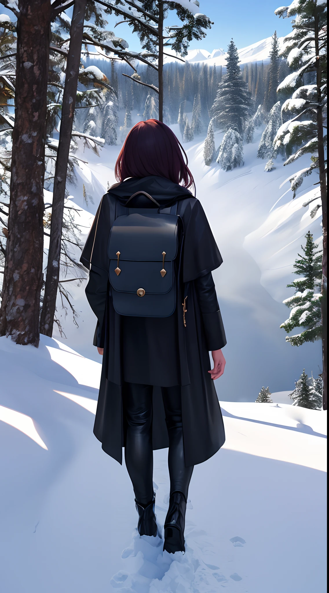 Create the image of a woman in dark leather pants wearing a long-sleeved blouse with a hooded cloak with a cloth backpack on her back looking at the landscape on top of a snow-capped mountain facing the forest