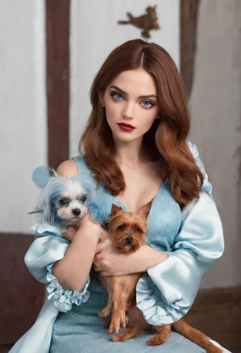 mulher loira, cabelos longos e cacheados, vestido vermelho, Blue eyes doing her nails and a small hairy dog on her feet, estilo disney pixar