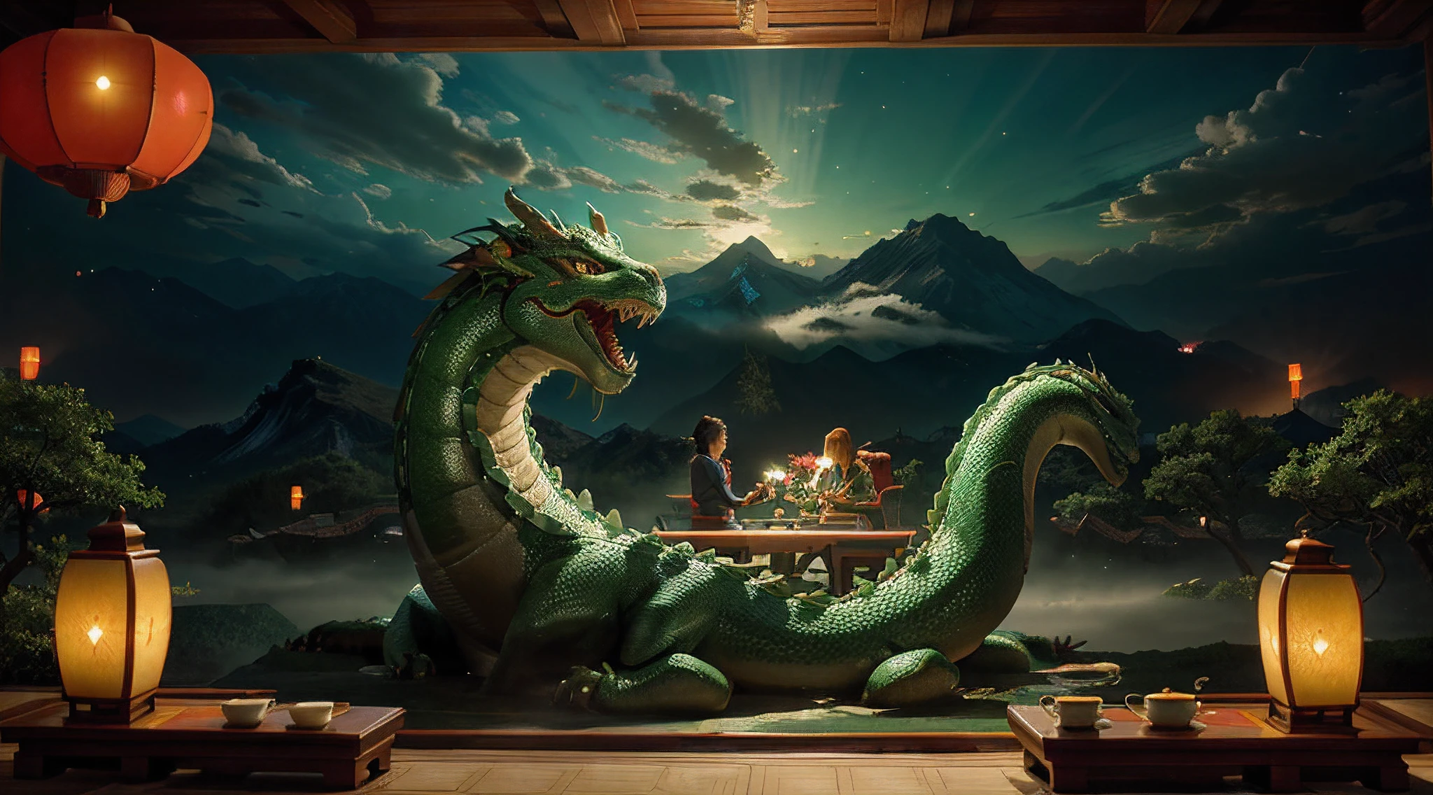 Anime-style illustration of Inside a Chinese tea, A grandiose Chinese dragon snaking between rocky mountains, Where Green Tea, ginger and mint grow. The dragon blows a mystical cloud that turns into tea spirals, Under a sky illuminated by floating lanterns.
