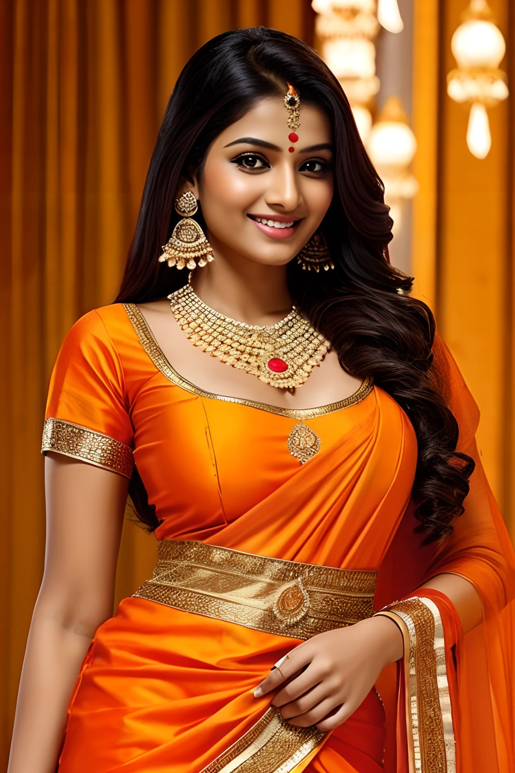 Indian woman、Female sexy、A smile、Sexy orange traditional indian costume