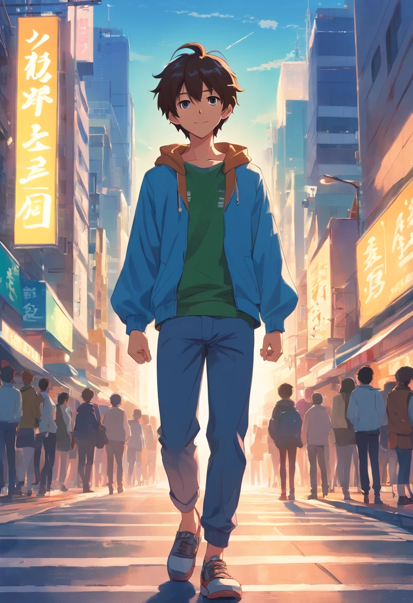 A boy, transformed into an anime style, with exaggerated unique facial features and clothing, standing on a bustling city street, backlit background highlighting the subject, high-contrast colors, 4K high-definition quality，young, smiling, handsome