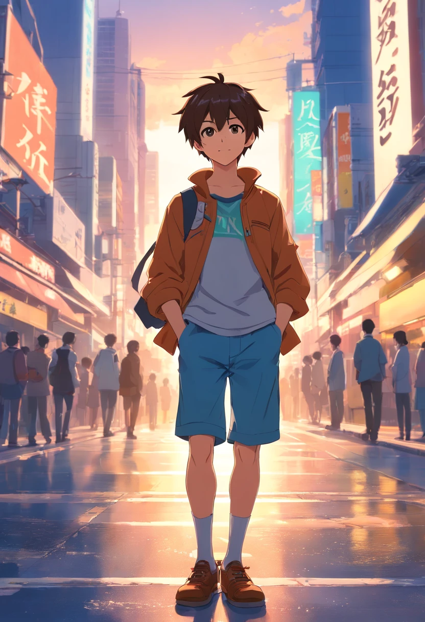 A boy, transformed into an anime style, with exaggerated unique facial features and clothing, standing on a bustling city street, backlit background highlighting the subject, high-contrast colors, 4K high-definition quality,young, smiling, handsome