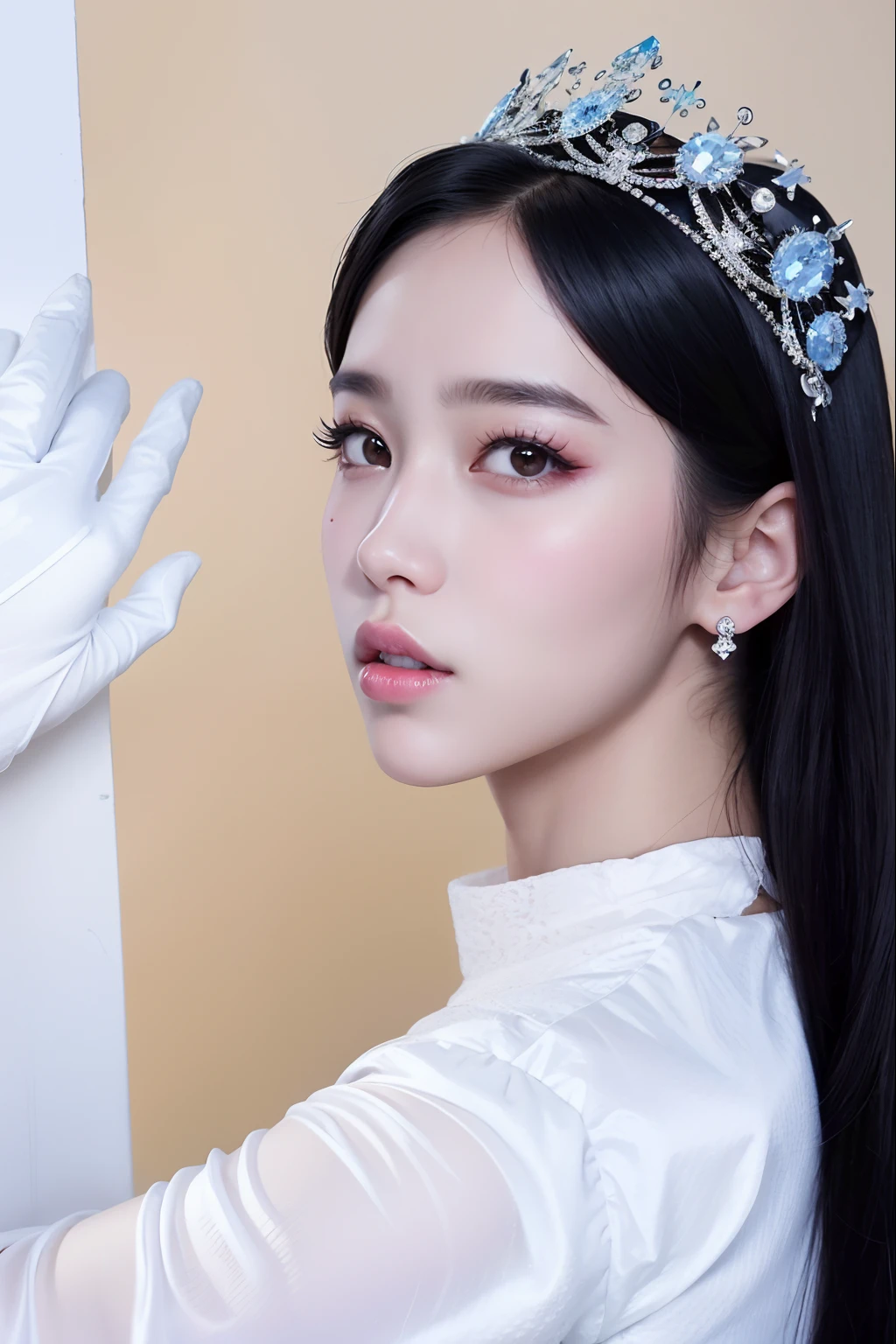 Un primer plano de una mujer con una tiara y guantes, Retrato Jisoo Blackpink, Retrato de Jossi de Blackpink, Jisoo de Blackpink, Jisoo de Blackpink, Kim Doyoung, Sun Yunjoo, Sha Xi, portrait of female Korean idol, Taejune Kim, Krystal, Jossi de Blackpink, Parque Ji-min, JIA, maquillaje popular de Corea del Sur