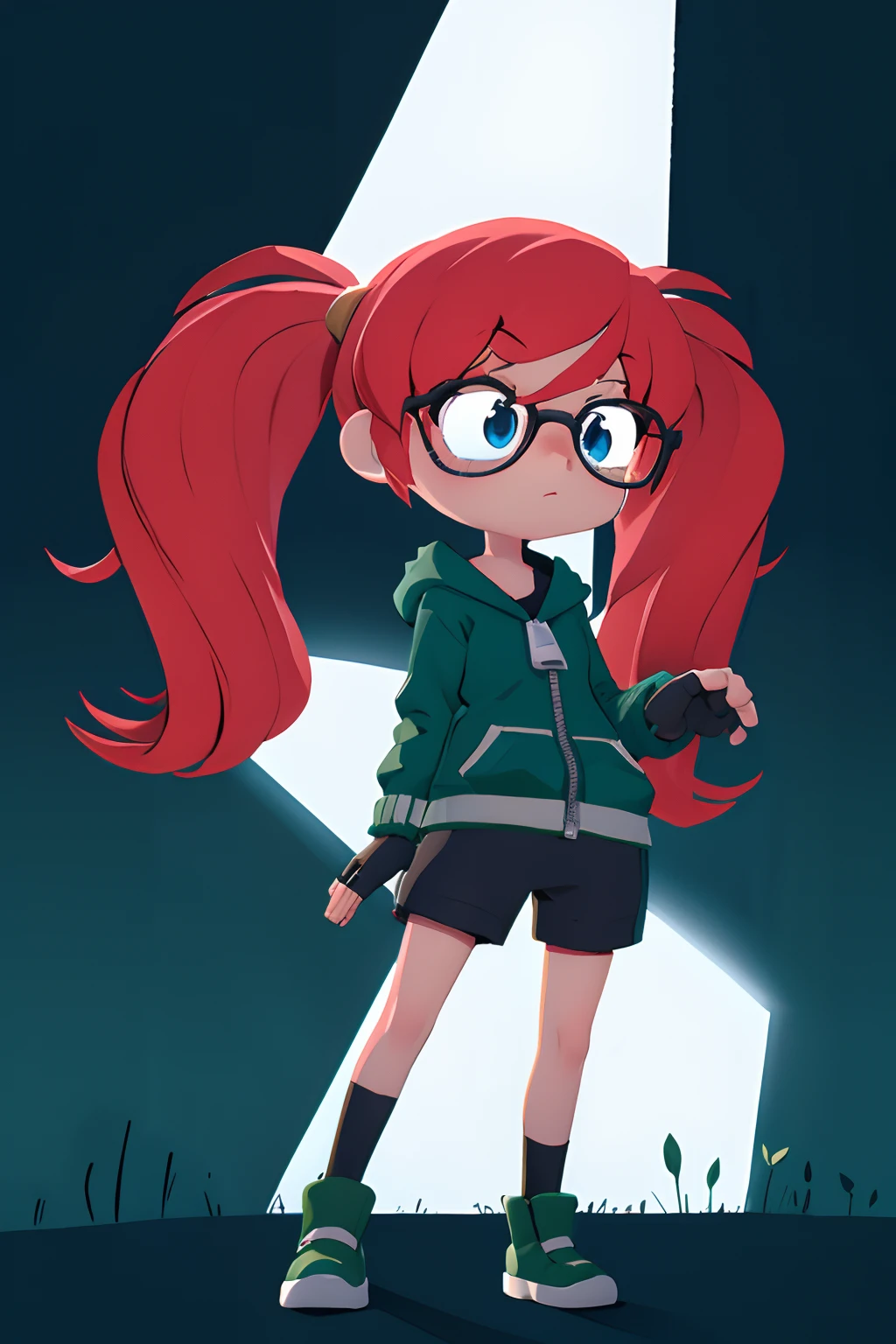 blue eyes, gloves, twintails, red hair, eyeglasses, Green hoodie, partially fingerless gloves, Black Compression Shorts, zipper, black-rimmed glasses, penSketch_style of, Ink sketch, (Dark background:1.2), Starry sky, darkness, kirisame marisa, Shy, Embarrassed, blusher, Superb, Extremely detailed, Intricate, (Extremely low contrast:1.1), looking at the side, full - body, Medium Ground Forest, Nature, a tree, Naked