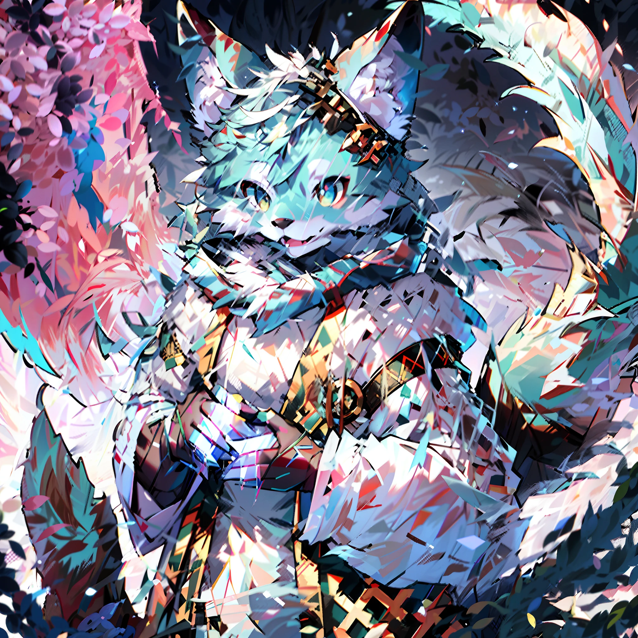 depth of fields，lighting perfect，light particules，（best qualtiy），（tmasterpiece），（ultra - detailed），Sharp focus，light particules，niji，Eyes，Blushlush，brown_Eyes，Looking_at_peeping at the viewer，Smile，Solo，Furry，Animal_Ear_vellus hair，Open_clothes，Arms back，The upper part of the body，coda，Hanfu，Chinese style clothes，rays of sunshine，The tree，with her mouth open，from below，Arms back，White hair，blue color eyes