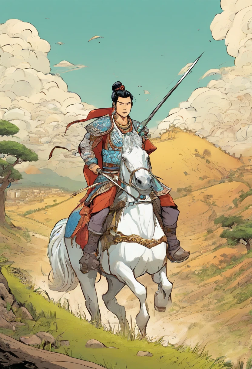 1 man，Ancient Chinese，20yr old，Domineering，Wear a white helmet，Wearing white Han Dynasty armor，holding a spear beside him in his left hand，Riding a white horse，Positive perspective，facing at camera，being in the grassland