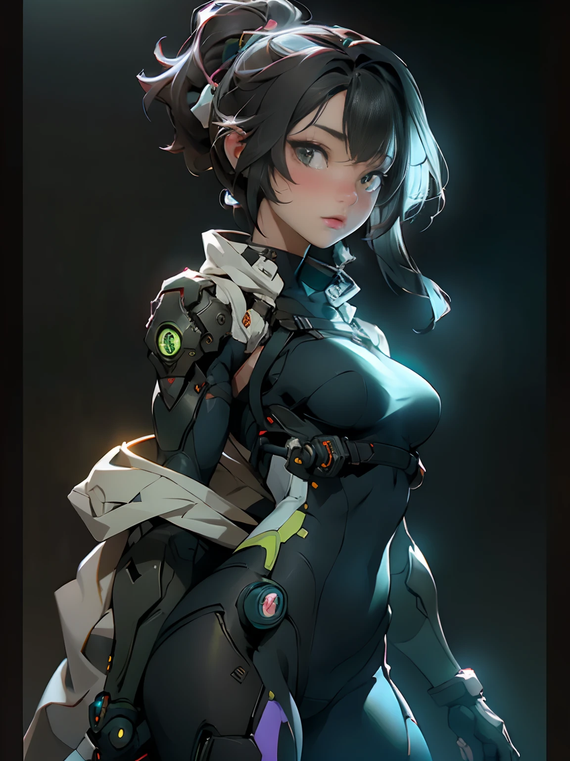 masterpiece, best quality, detailed eyes, black background
1 anime girl, (cowboy_shot view), thighs, (sexy pose), (nsfw),
brown hair,  (hime cut hair:1.3), long hair, (lime green eyes), 
shiny skin, oily skin, reflective skin, (forehead protector:1.3),
[standing straight], white color, white color browns, transparent clothes, (dark blue veils.1.5), 
embraced, (scifi, dark, cultivator attire, red leds, dark blue fiend, valiant attire:1.3), glowing, in the style of beth cavener, jin kagetsu, and wlop, highly detailed, intricate detailed, chrome, face symmetry,