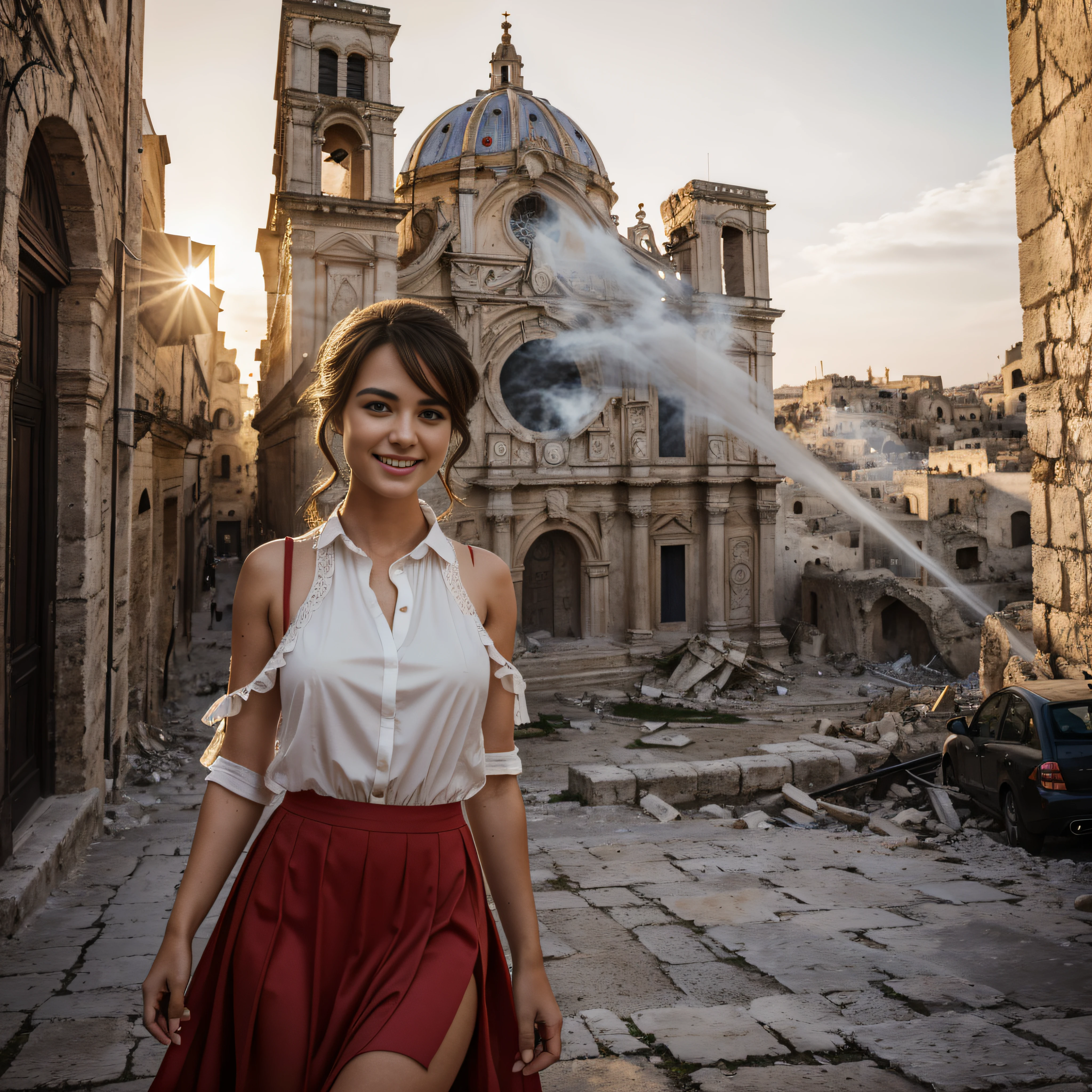 Girl wears a torn long red skirt, wears a torn long red dress, wind moves skirt. European girl. ((extreme detail)), (ultra-detailed), best quality, ultra high res, (8k, RAW photo, masterpiece, realistic, photorealistic:1.4), 8k uhd, dslr, absurdres, ray tracing, high quality texture, intricate details, detailed texture, finely detailed. Portrait photo of a girl. Beautiful perfect face. She smiles looking at viewer. Smooth white skin, real pores, (looking at the viewer). She's in Matera. Outdoor in Sassi of Matera. Matera's Cathedral in background. All around signs of destruction, broken walls, collapsed buildings, (smoke, fire, fog), best quality, fine detailasterpiece, best quality, extremely detailed CG, unity 8k wallpaper, cinematic lighting, lens flare}}.