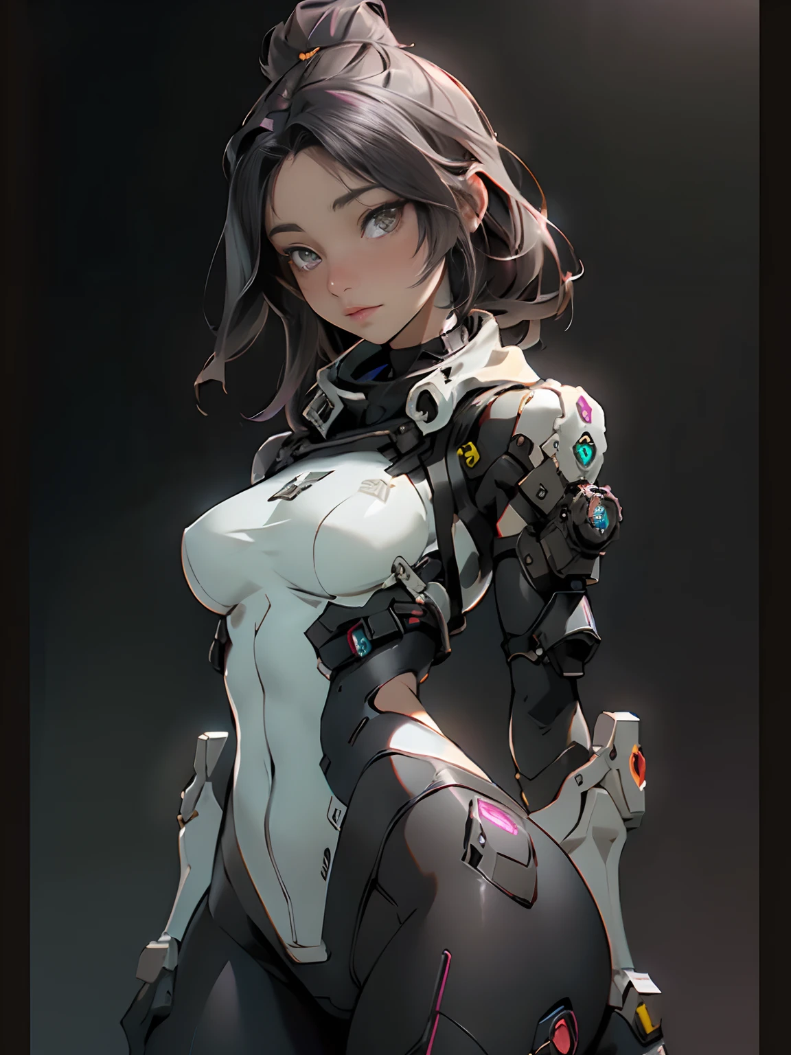 Extremely cute human eighteen year old girl face, human torso, human huge boobs, human abdomen, human hips, robotic arms, mechanical legs, arms and legs with hard white shiny shell and black joints, very beautiful and feminine, short, petite, small, small, busty buttocks, medium bust, cleavage display, flat belly display, partial helmet with antenna on the ear, black robot joints, very stylish, award-winning product design, black rubber tights, The shiny white metal breastplate opens at the cleavage and abdomen, the white metal buttocks are wrinkled, and the armor has stylish, glowing trims