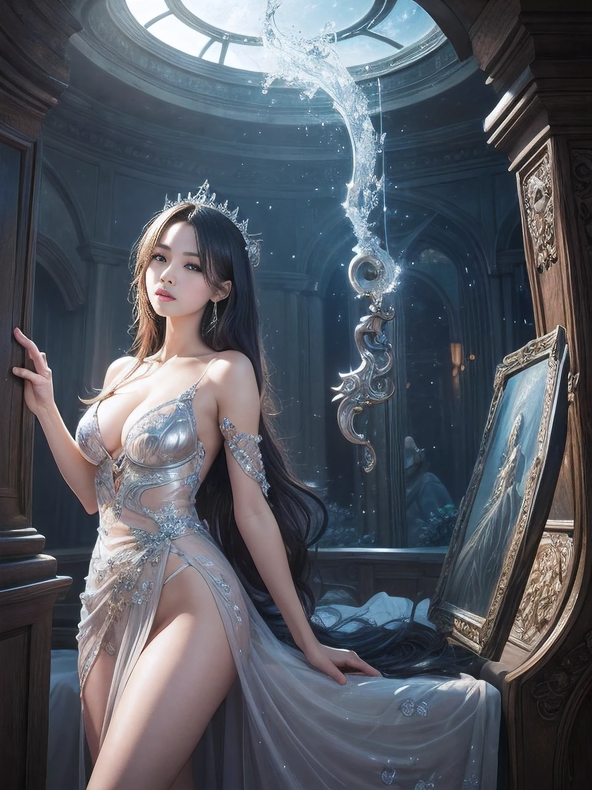 masutepiece、top-quality、ultra-definition、masutepiece、hight resolution、crisp photos、Beautiful One Woman、Beautiful face、Woman in silver see-through dress,Queen's Wand、Real Art Station, detailed fantasy art, Stunning character art, Beautiful exquisite character art, Extremely detailed,tre anatomically correct、accurate depiction、Full body capture、Lie on your back on the bed、Over Head Shot