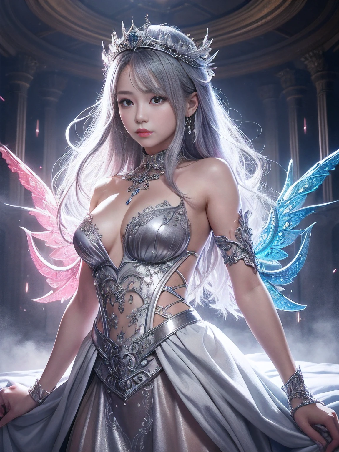 masutepiece、top-quality、ultra-definition、masutepiece、hight resolution、crisp photos、Woman in silver see-through dress,Queen's Wand、Real Art Station, detailed fantasy art, Stunning character art, Beautiful exquisite character art, Extremely detailed, Exquisite Intricate Headdress and Jewelry, Full body capture、Lie on your back on the bed、Over Head Shot