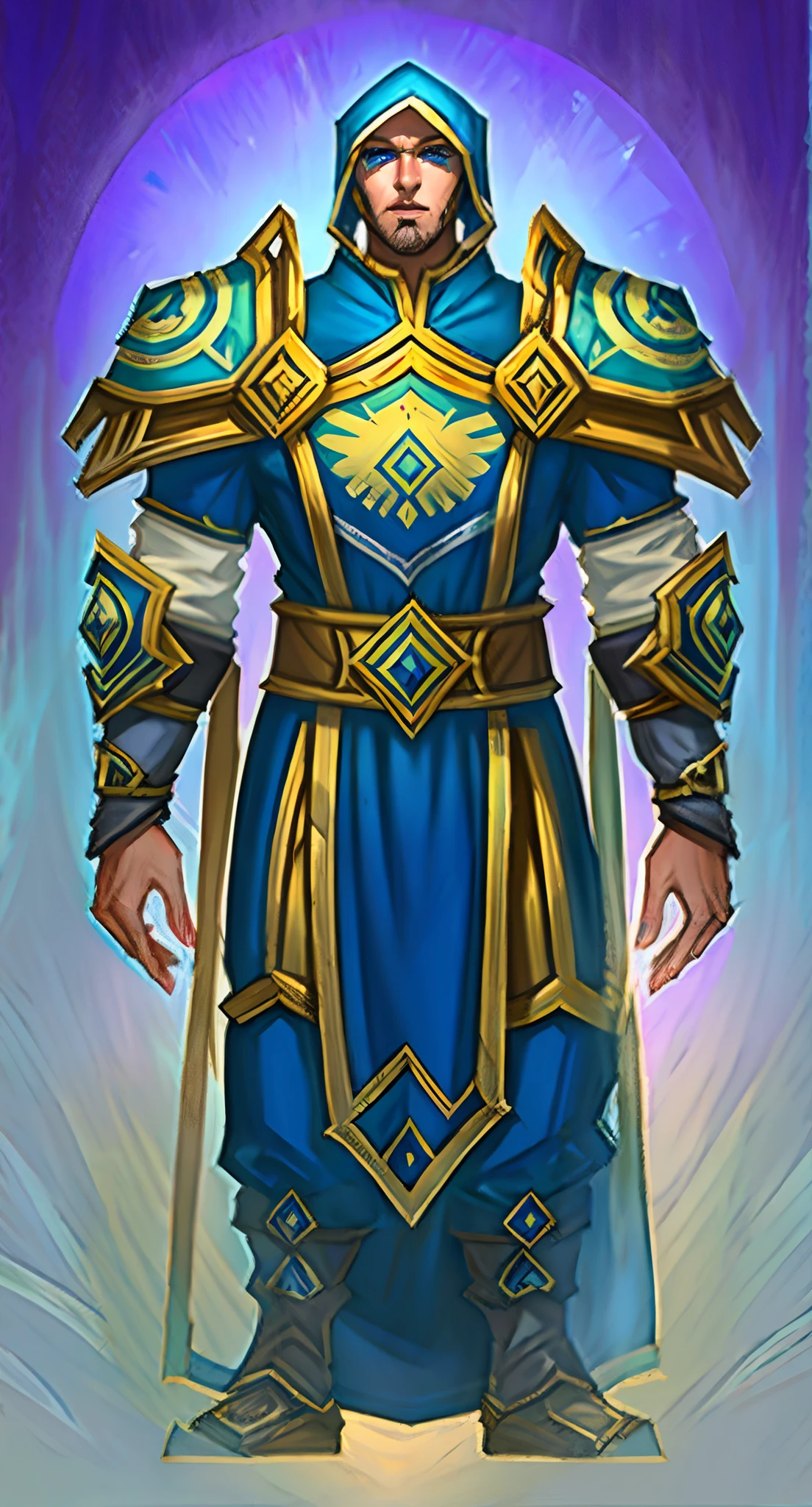 Paladino estilizado Warcraft, armadura dourada e branca, pano azul, Neck armor, cristais nas ombreiras, louro