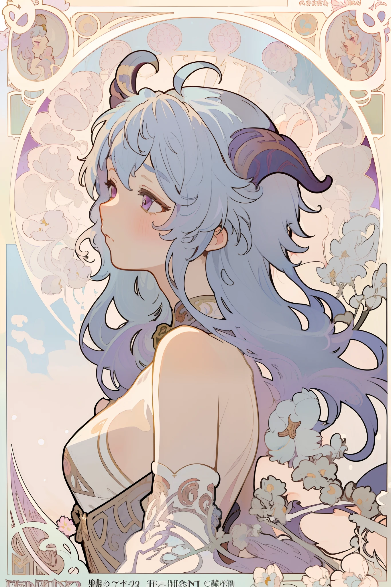 Art Nouveau Style, poster in a theater, (((art by alphonse mucha))), upper body, blush, profile ,(masterpiece, finely detailed beautiful eyes: 1.2), 1girl, solo, beautiful, small details, ultra detailed, best quality, intricate, sharp, digital illustration, detailed, white flowers, ((snow)), winter background, ganyu \(genshin impact\), 1girl, ahoge, bangs, bare shoulders, ((light blue hair)), blush, (red ram horns), long hair, medium breasts, purple eyes, sidelocks, solo, tassel, white sleeves, ((masterpiece)), curly hair, white dress