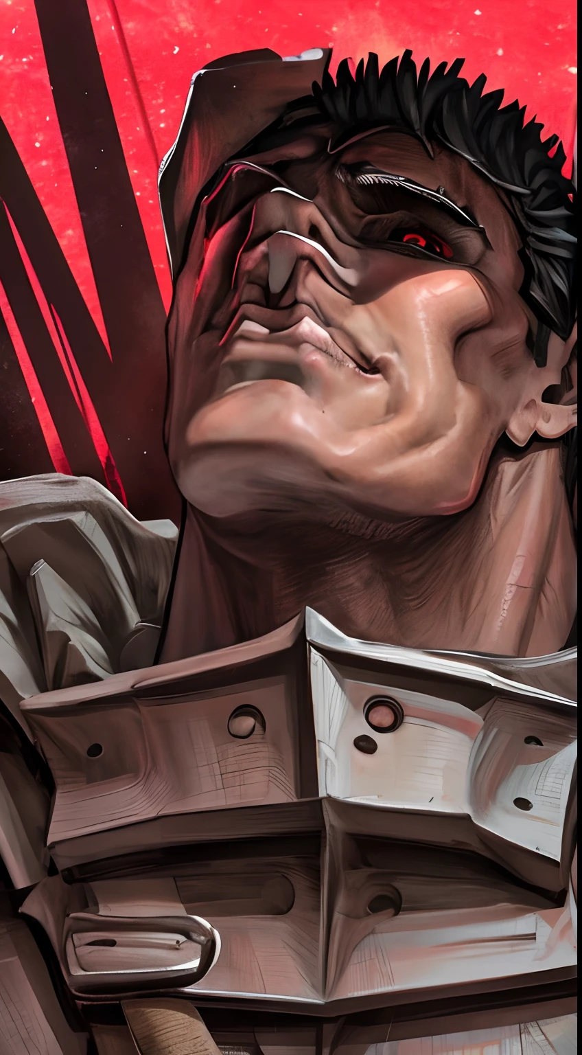 Berserk guts looking up at the sky while it's raining and with a red light in the sky