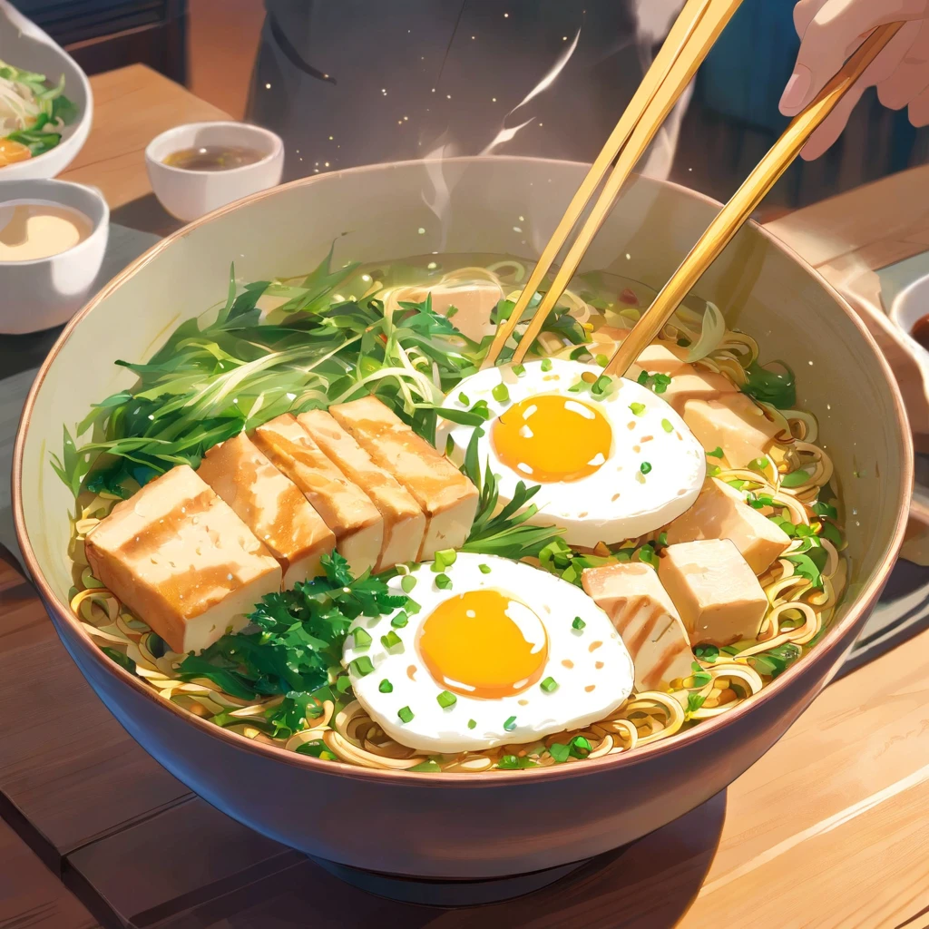 Chashu noodle bowl of intense spicy,Fresh greens,The aroma of poached eggs is overflowing,Brown shell is delicious,It was delicious.,pepper has a strong flavor,Yellow bamboo shoots are crispy and delicious,The fungus has a delicate taste,The final taste of tofu is amazing,The noodles held with a fork are fragrant。Illustration