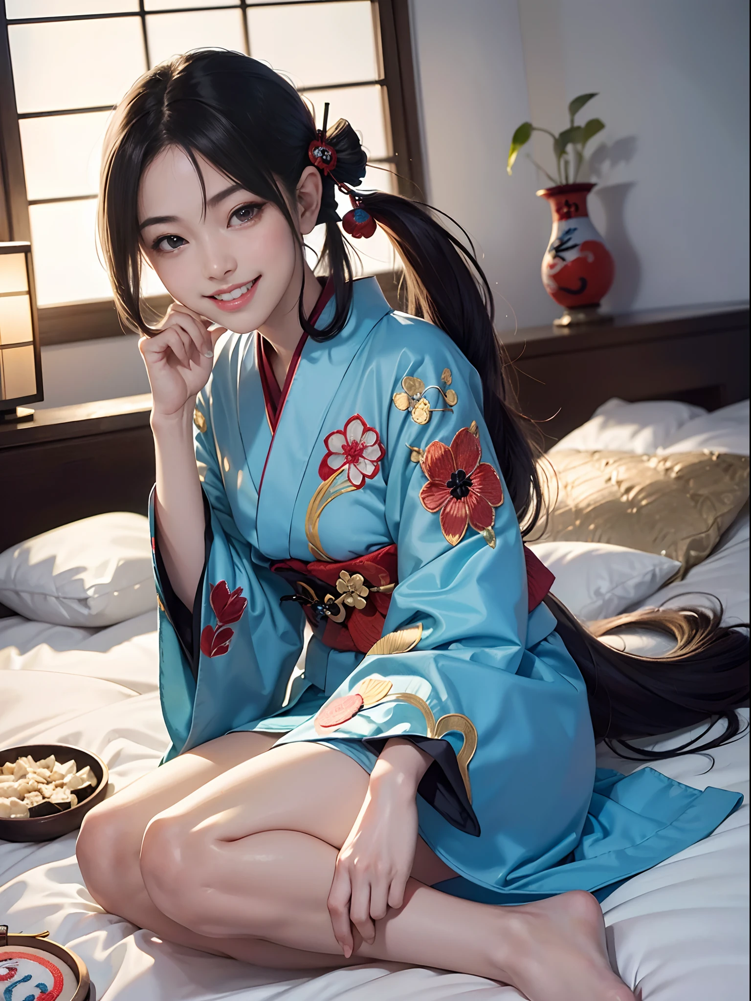 (rokoko:1.5),Background of details(Lying in bed:1.2),BREAK ,elaborate costume(Luxury kimono(Colorful kimono(detailed embroidery(Yokai embroidery)))),BREAK,(1 Beautiful and classy adult woman(Shy smile:1.5)(Japanese actressl:1.2)(glossy dark hair(poneyTail:1.2))),(eye glass(four corners:1.2)),(Have a soft-serve ice cream:1.2),BREAK,Wallpapers 16K,Blur the background,(masutepiece:1.5),(Best Quality:1.5),(Portrait photos:1.5),full body Esbian