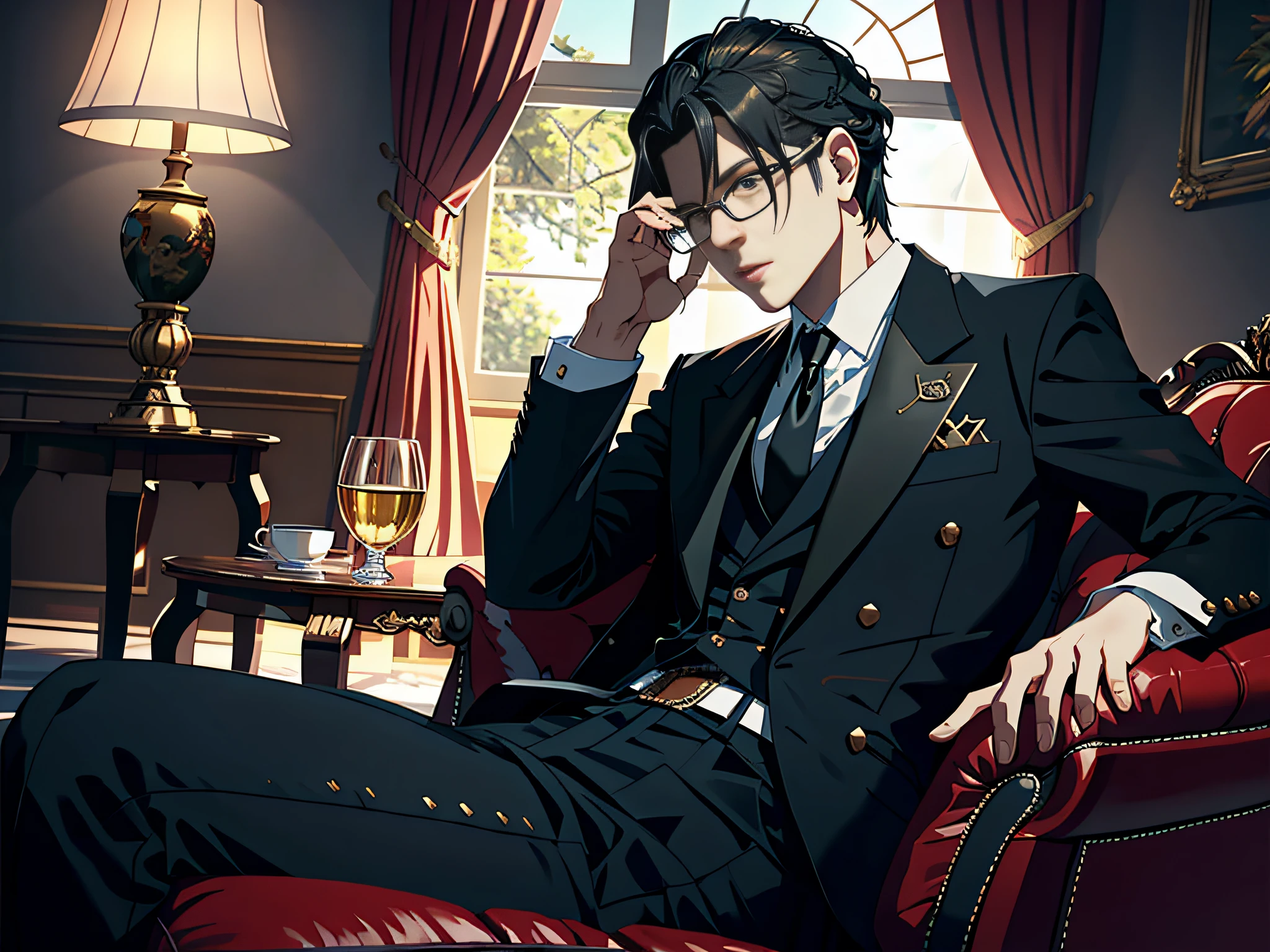 (best quality,highres,ultra-detailed) A man with brown hair wearing black clothes, glasses, and a top hat. He has short hair. Sitting on a Chair under a umbrella. Drink some Tea. Sunshine.