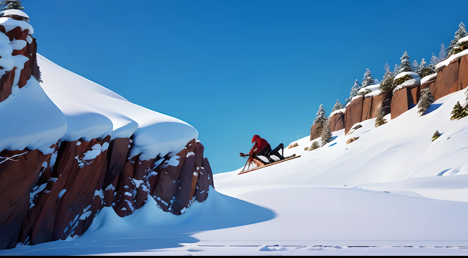 Create an image of an injured man lying on a snow-covered cliff