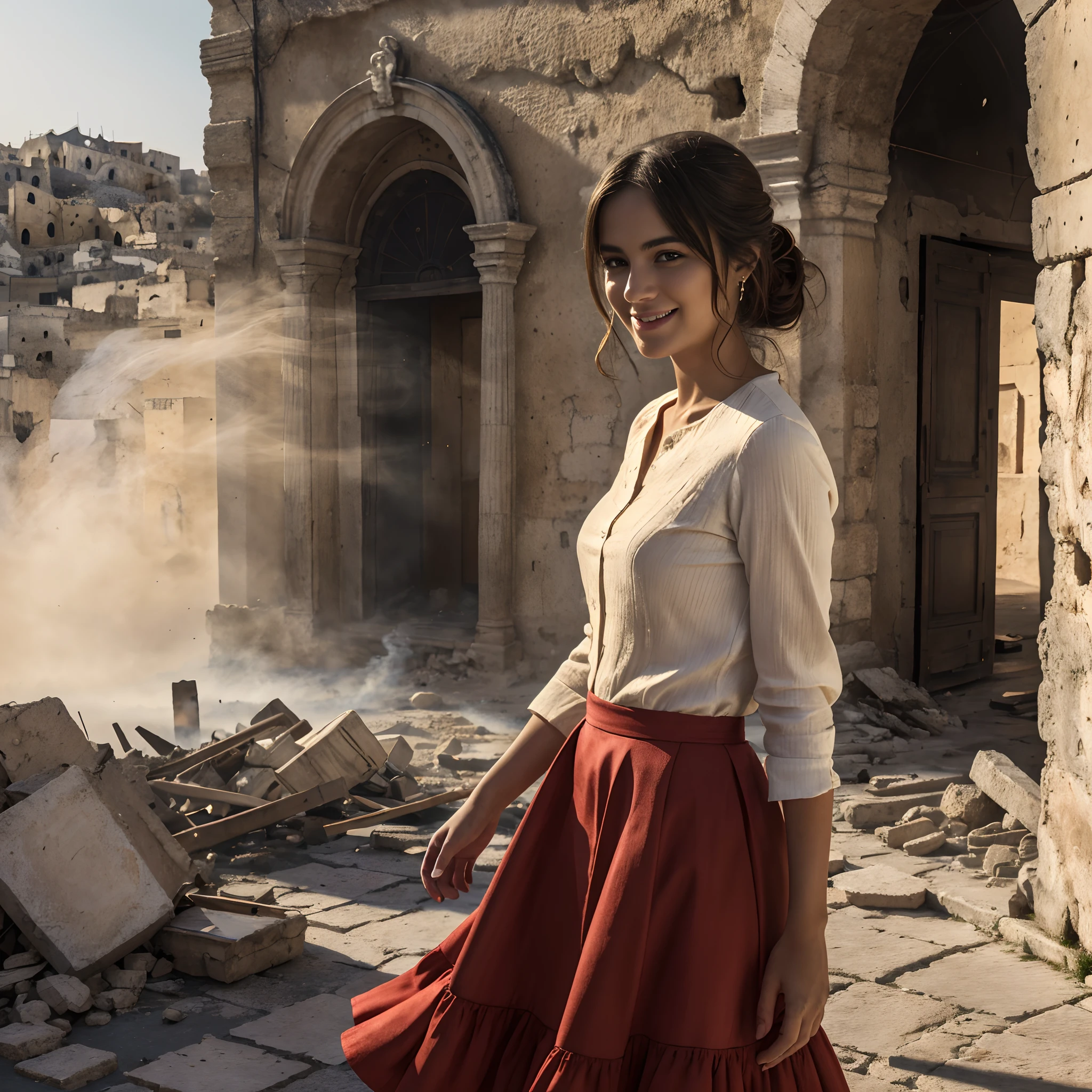 Girl wears a torn long red skirt, wears a torn long red dress, wind moves skirt. European girl. ((extreme detail)), (ultra-detailed), best quality, ultra high res, (8k, RAW photo, masterpiece, realistic, photorealistic:1.4), 8k uhd, dslr, absurdres, ray tracing, high quality texture, intricate details, detailed texture, finely detailed. Portrait photo of a girl. Beautiful perfect face. She smiles looking at viewer. Smooth white skin, real pores, (looking at the viewer). She's in Matera. Outdoor in Sassi of Matera. Matera's Cathedral in background. All around signs of destruction, broken walls, collapsed buildings, (smoke, fire, fog), best quality, fine details, {{masterpiece, best quality, extremely detailed CG, unity 8k wallpaper, cinematic lighting, lens flare}}.