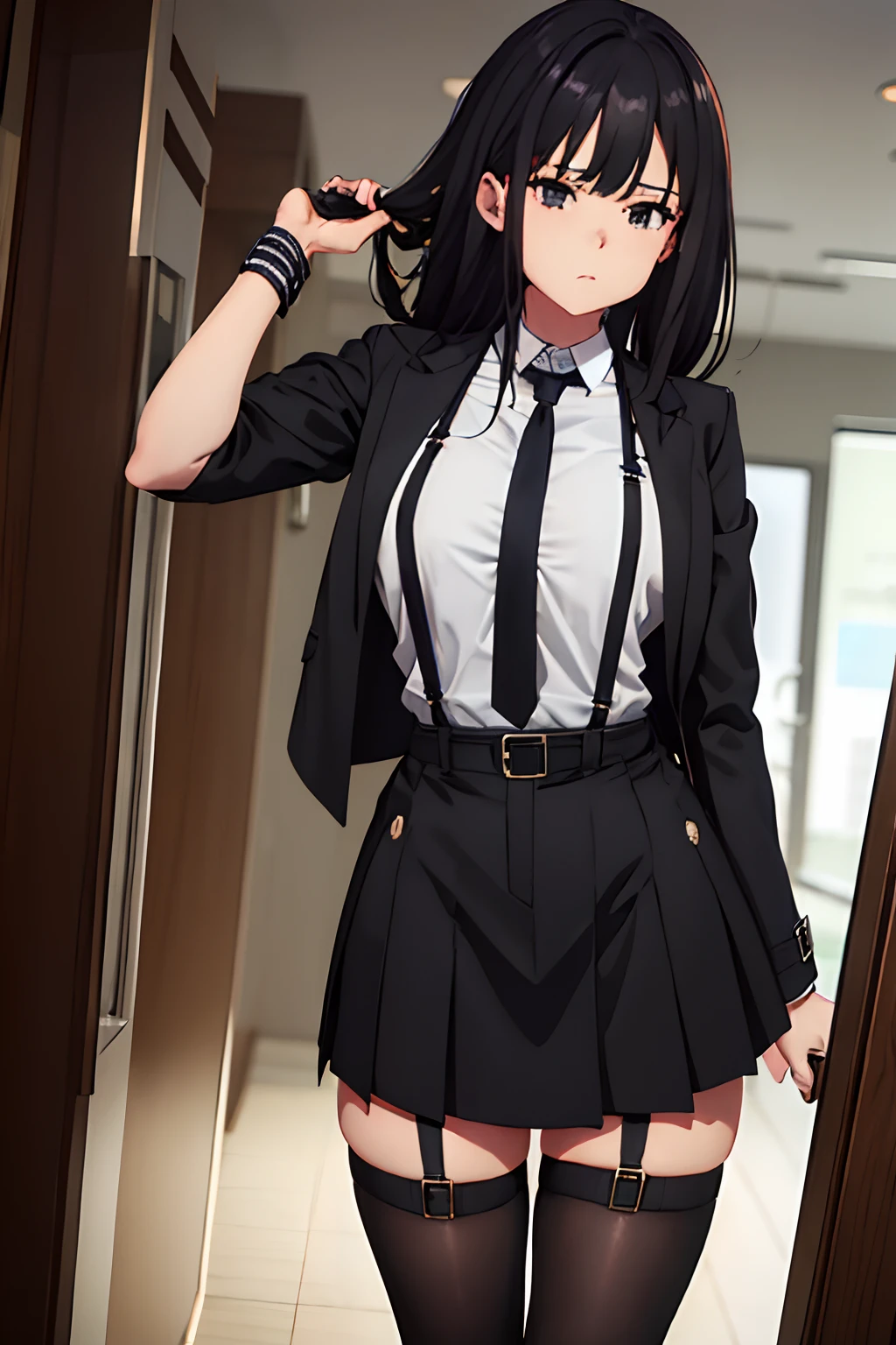 Suit,Collared shirt,Belt bag,Suspenders Black Miniskirt garterbelts knee high Stockings Black Niso Colorcon armpit sweat perspiring Side of both hands,Black jacket,Gaze,ample bosom,Armpit sweat,Exposing the armpits"Tight clothes、Cuffed、Wristband Bangs Center Parted