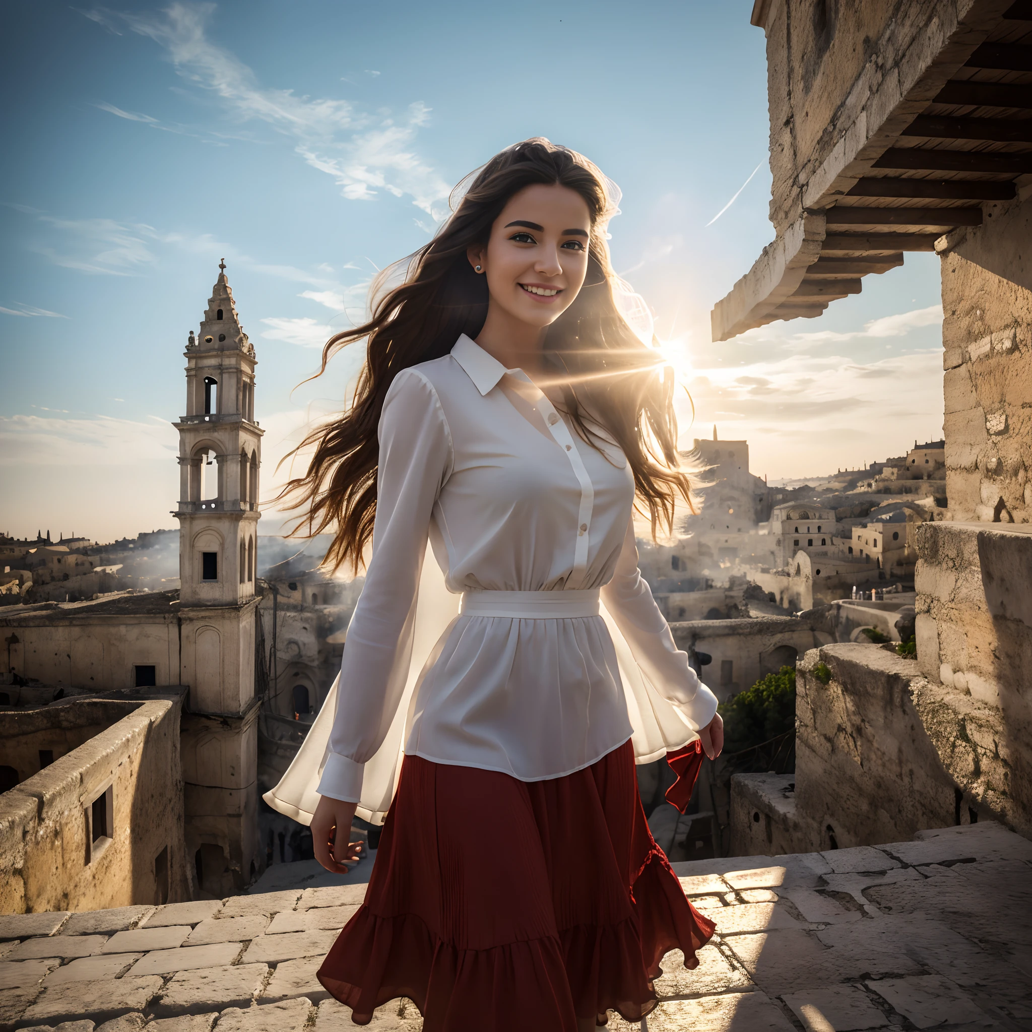 Girl wears a torn long red skirt, wears a torn long red dress, wind moves skirt. European girl. ((extreme detail)), (ultra-detailed), best quality, ultra high res, (8k, RAW photo, masterpiece, realistic, photorealistic:1.4), 8k uhd, dslr, absurdres, ray tracing, high quality texture, intricate details, detailed texture, finely detailed. Portrait photo of a girl. Beautiful perfect face. She smiles looking at viewer. Smooth white skin, real pores, (looking at the viewer). She's in Matera. Outdoor in Sassi of Matera. Matera's Cathedral in background. All around signs of destruction, broken walls, collapsed buildings, (smoke, fire, fog), best quality, fine details, {{masterpiece, best quality, extremely detailed CG, unity 8k wallpaper, cinematic lighting, lens flare}}.