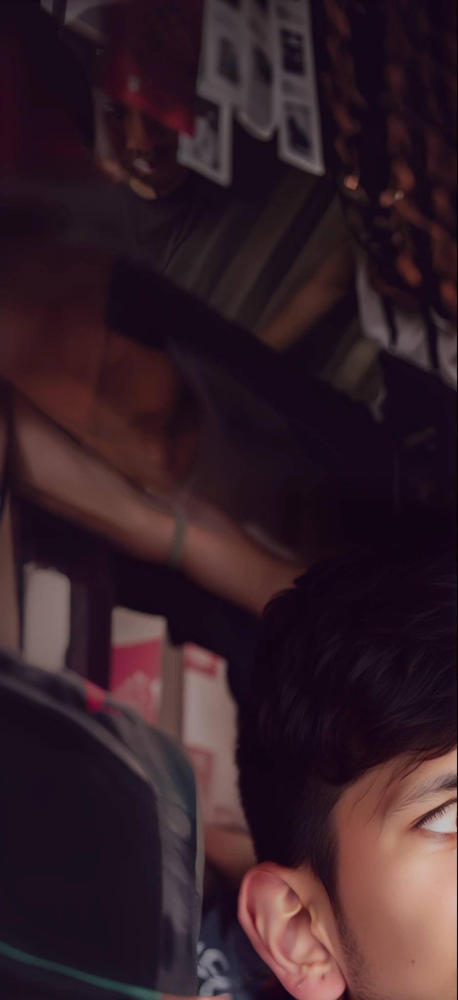 there is a man sitting on the floor in a store, ayan nag, with accurate face, by Abidin Dino, style of ade santora, morning time, mohamed chahin style, candid picture, with kind face, andy worhol, very very low quality picture, riyahd cassiem, in tshirt, ramil sunga, potrait, ismail