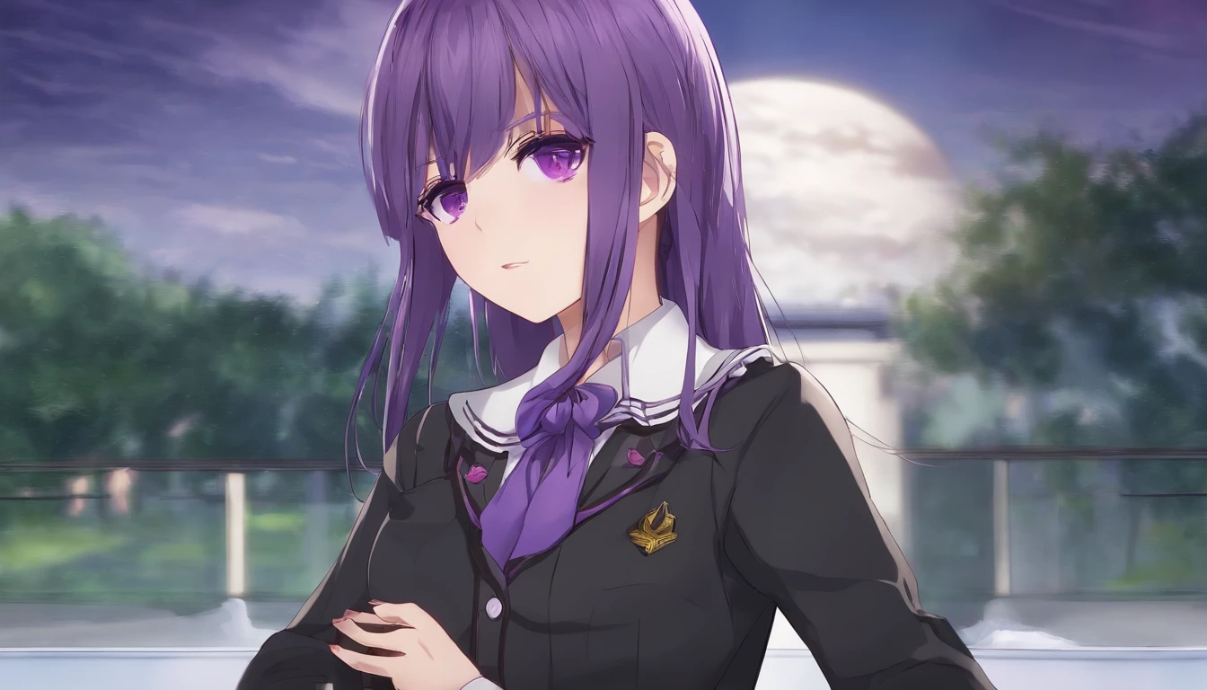 1 female, Long Midnight Purple Hair, Golden Light Eyes, Sit on the floor, White School Modern Uniform, anime, sex, spread your legs, female organ