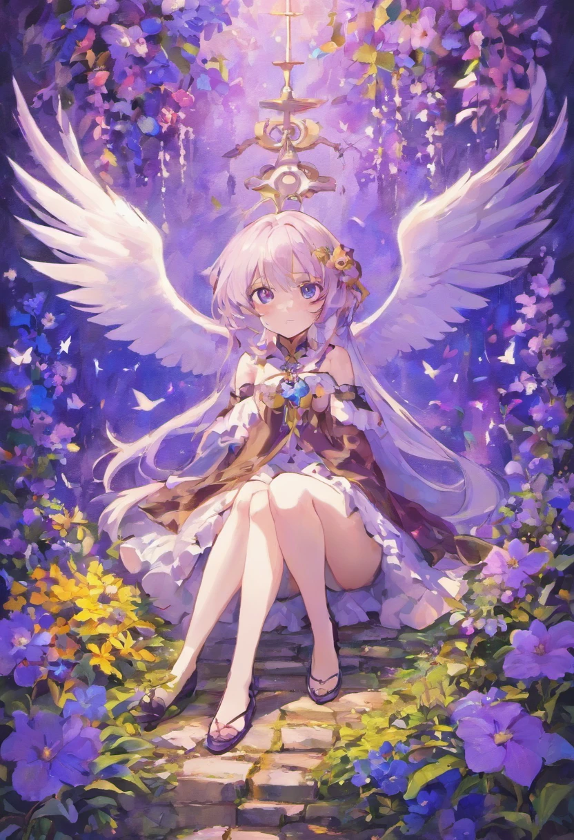 Stuffed white bird、Sitting on top of a blue-violet flower garden、Staring at me、black eyes、Black beak、Brown tail