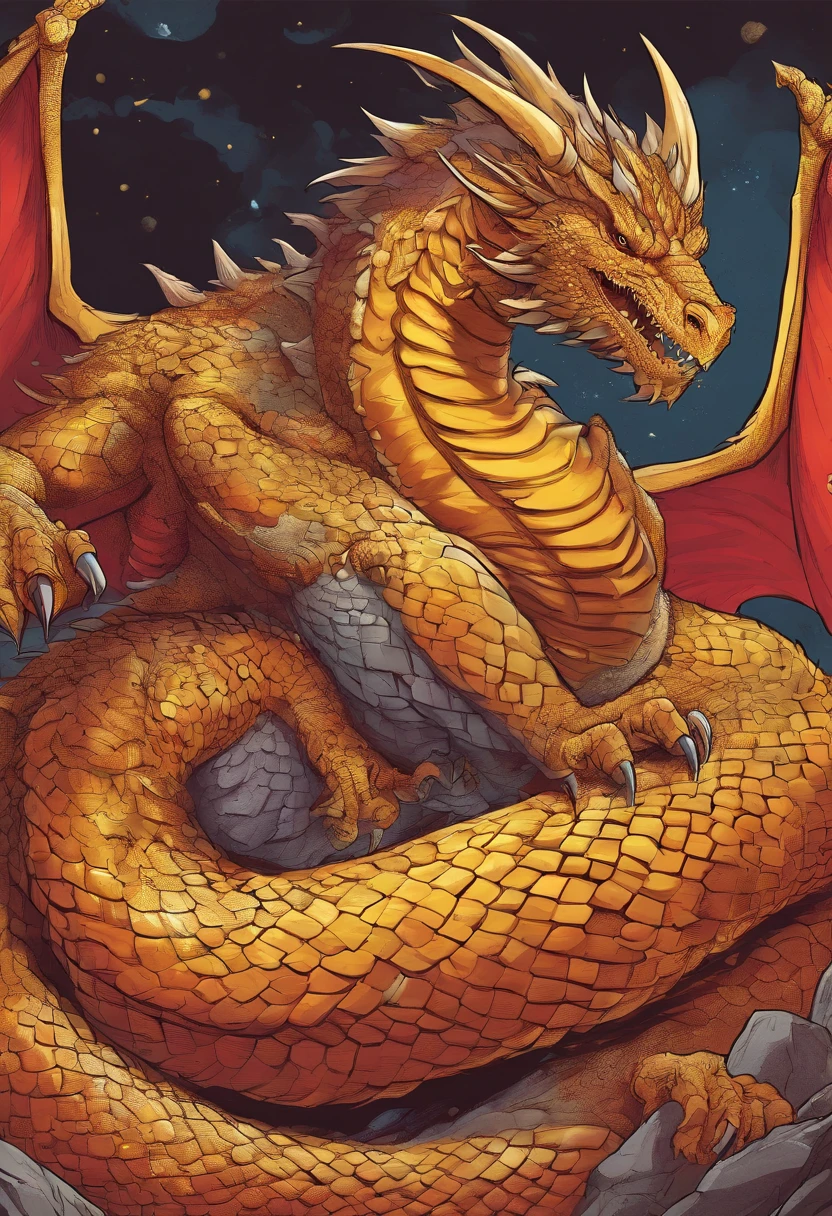 A giant giant dragon with a super obese body
Crimson scales
Super huge soft light yellow belly with a large amount of subcutaneous fat stored
Lying on his back in a dark cave full of gold and silver treasures
Digital Art