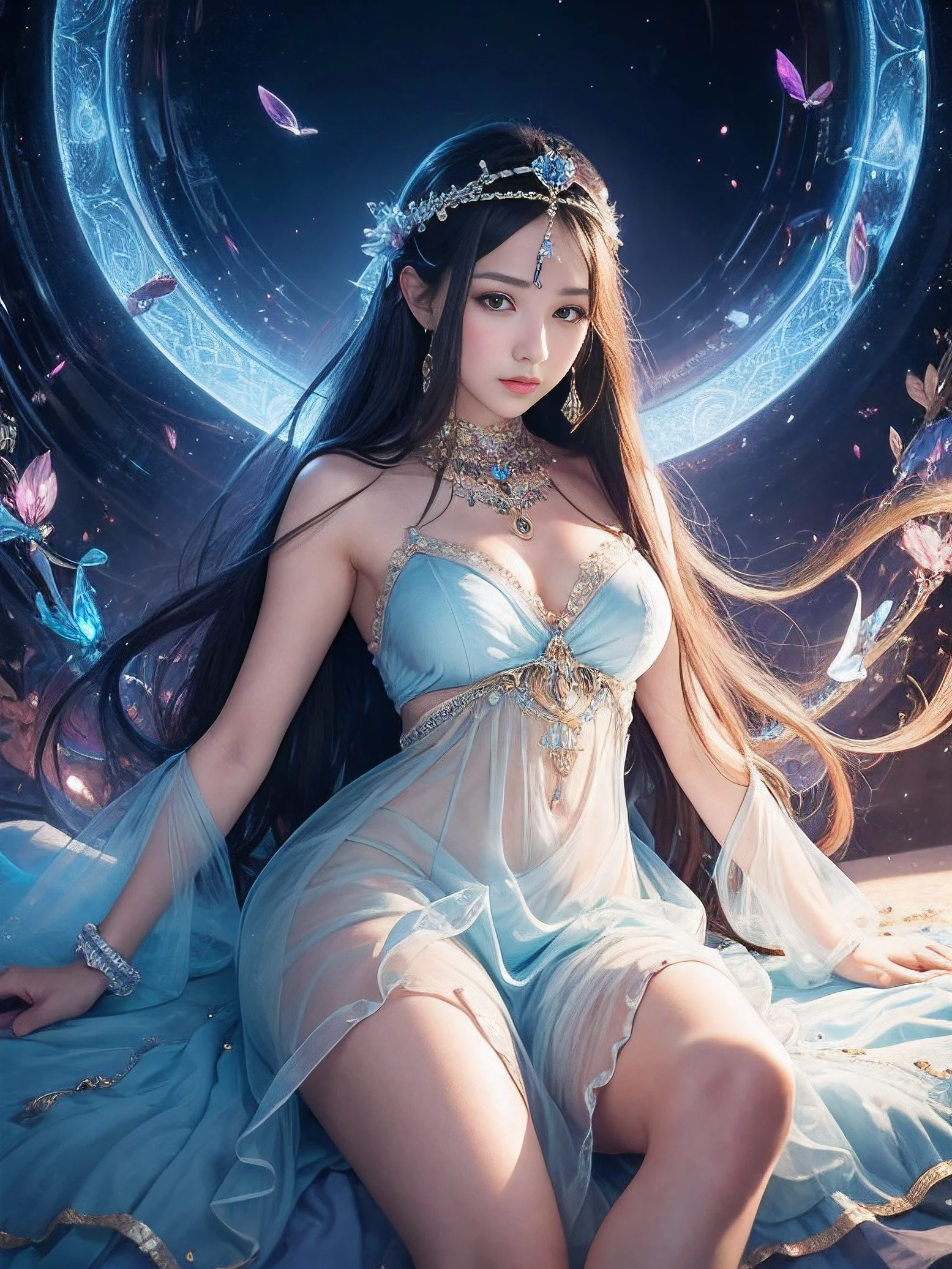 masutepiece、top-quality、ultra-definition、masutepiece、hight resolution、crisp photos、Woman in light blue see-through dress,Queen's Wand、Real Art Station, detailed fantasy art, Stunning character art, Beautiful exquisite character art, Extremely detailed, Exquisite Intricate Headdress and Jewelry, Full body capture、Lie on your back on the bed、Over Head Shot