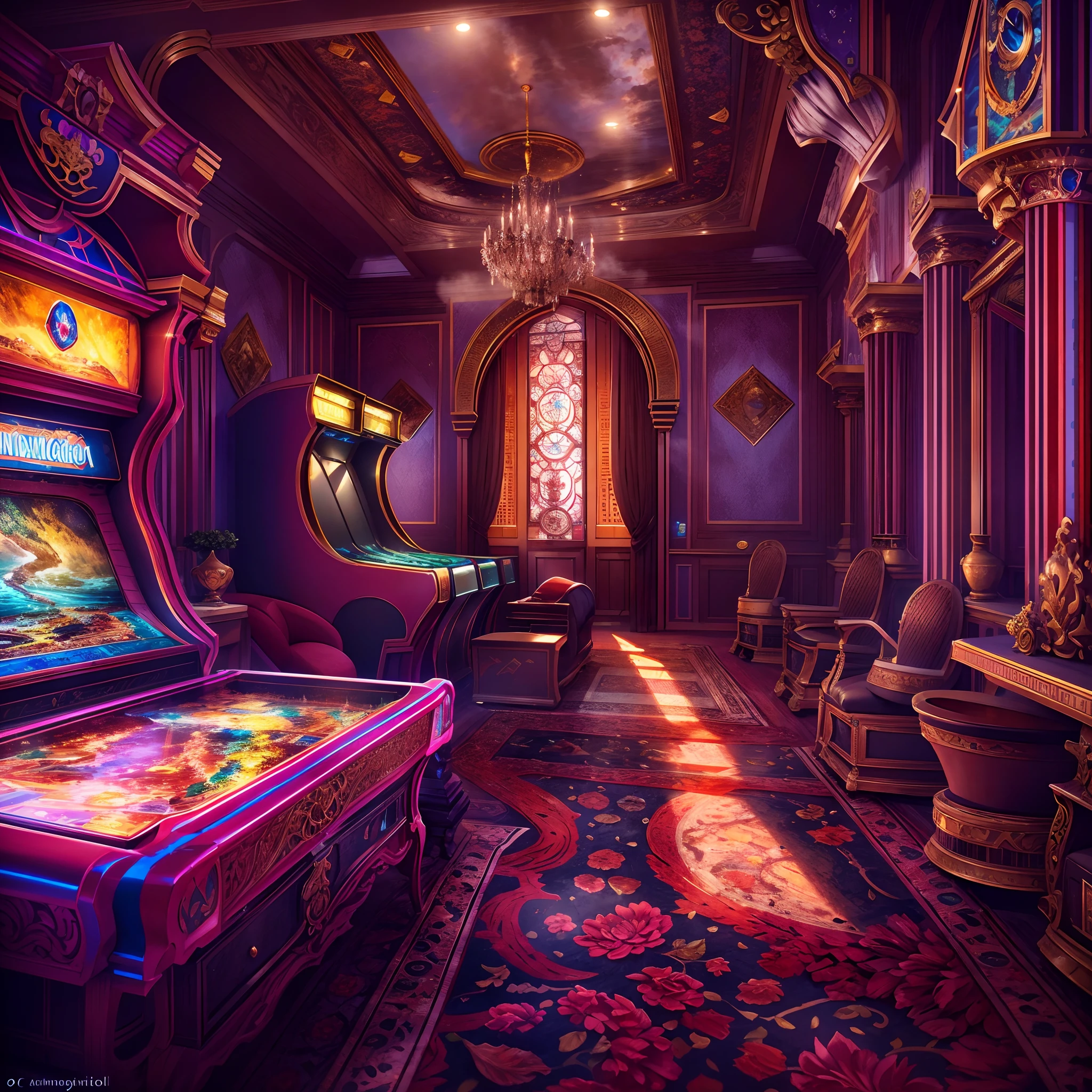 in a panoramic view，photorealestic，Luxury game hall in retro style，4 vintage luxury arcade machines，Made in gold，Diamond gemstone decoration，Ancient games，Beauty plays games，Wearing a veil of gorgeous Arabian luxury style，Perfectcomposition，the detail，The light and shadow work best，HighestQuali，This CG-rendered realistic painting gives a grand scene and visual impact，Let the viewer feel a wonderful and magnificent sci-fi world。Epic，detail-rich，It forms a spectacular sight，Use Pixai to bring powerful AI models to life, Show the limitless creativity and possibilities of our imagination. Experience the future of the cityscape at Pixai，Immerse yourself in a visionary world of art，the detail, Masterpiece, Best quality, 8K, (Oily skin, cell-shaded:1.3), line art in colour, (The art of Maciej Cuciara:1.15), art of greg rutkowski，Intricate details, finetextures, Surreal，Perfectcomposition，A detailed，Cinematic texture，realisticlying，photorealestic，HighestQuali，，Version tone mapping， highly  detailed， Smoothness， Sharp focus， Beautiful illustration， Epic effect，photore， The light from the back window is backlighted， 动态照明， Mist， 复杂， filmgrain， professinal，，Volumetriclighting， subsurfacescattering， Good highlights， Good shadows， cinematic ligh，Beautiful studio soft light，rim-light，ellegance，beatiful background，rendering by octane，HR Giger style，8K，top Quority，tmasterpiece，illustratio，smooth and beautiful，highly  detailed，CG wallpaper，（realisticlying，Fidelity：1.37），outstanding，Exquisite details，tmasterpiece