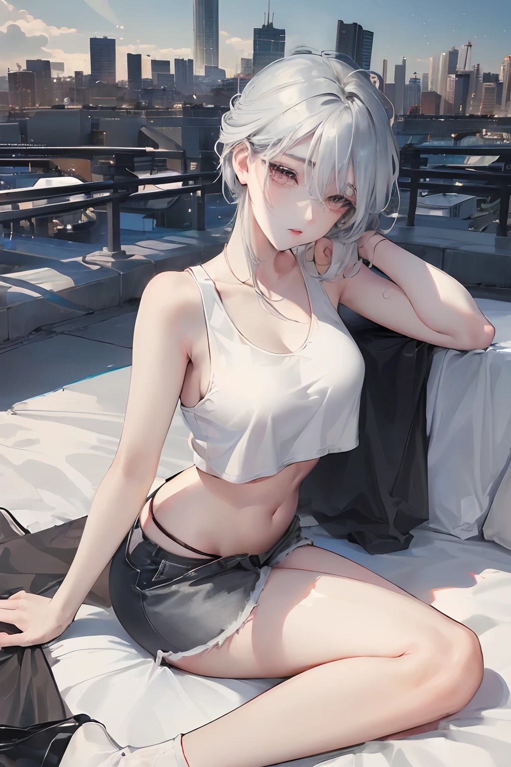 official art, masterpiece, sharp focus, (beautiful gorgeous cute Korean woman:1.3), (beautiful cute korean:1.3), korean beauty, Delicate and beautiful hair and eyes and face, realistic, ultra detailed, beautiful girl, blue sky, glow white particle, (sidelighting:1.2), sun light, white cloud, detailed clouds, slender, Lovely medium sized breasts and very large hips, tired expression, ((tired with eyes, open both eyes)), scenery, short straight hair, sexy facial expression, building, (cityscape:1.7), dynamic hair, long straight hair, detailed black hair, glow silver eyes, (white tank top + shoet grey shorts), white socks, pale skin, laying down on bed.