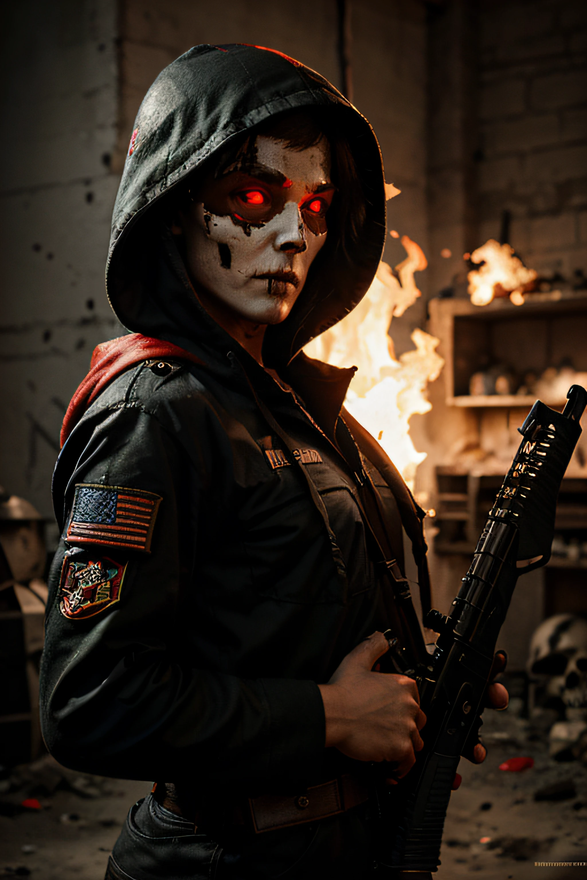 Create an image of a soldier with a skull head and hood, flaming red eyes holding a gun in hand in a war scenario written HATE E-SPORTS
