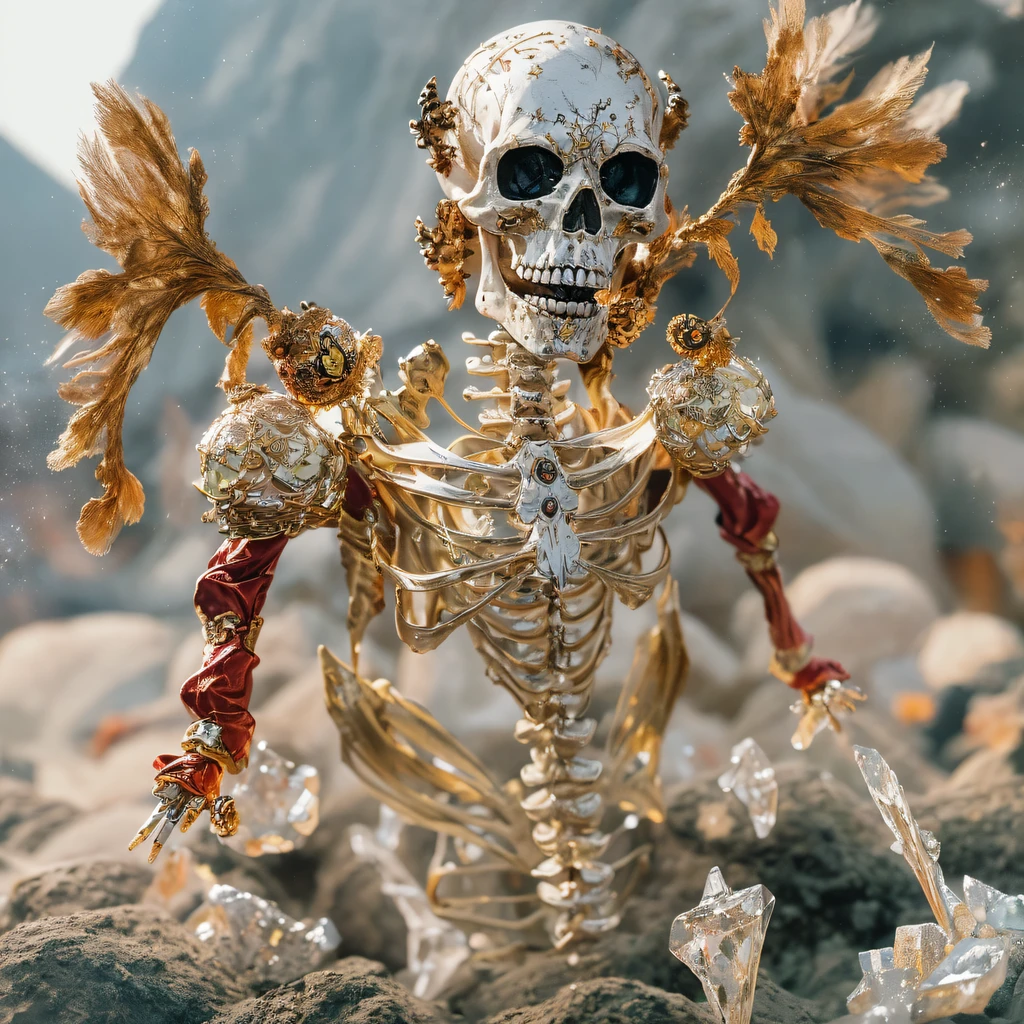 浅橘Skull 32K，Phoenix Immortal Demon Skeleton Realm, Chance encounter with Liu Hanshu,tmasterpiece, Better quality, Still photography,Muppet skeletons，There are terriers，Linen coarse cloth skeleton holding a puppet triceratops skeleton，The animal images are super vivid and cute，sprout，intelligent，Crayon texture light skeleton，200 Creativity，depth of fields,Puppet skeletons with orange-red furry，National style crystal skeleton circle，Flying nine-tailed fat skull flame ethereal toad star，Golden-black damask white rabbit fur bra，Fuchsia pink diamonds, Tulle burgundy diamond shin guard，Red Crystal Skull Explosion 1:900 miniatures，Front view，Pure transparency，Wear boxing gloves，Ice is permeable to gas，Film light and shadow，Panorama ultra-wide angle，extremely happy，The texture of the real person is delicate，Strong visual impact，Hyper-detailing，Dream crystal skeleton，Refined face，prettyeyes，high saturated，Wear reflective sunglasses with a thick gold thread，crystal-clear，Good sense of perspective，Light and shadow effects，16K smooth，The surface is not well lit，Fluttering black hair crystal skeleton，（（Crystal skeleton））