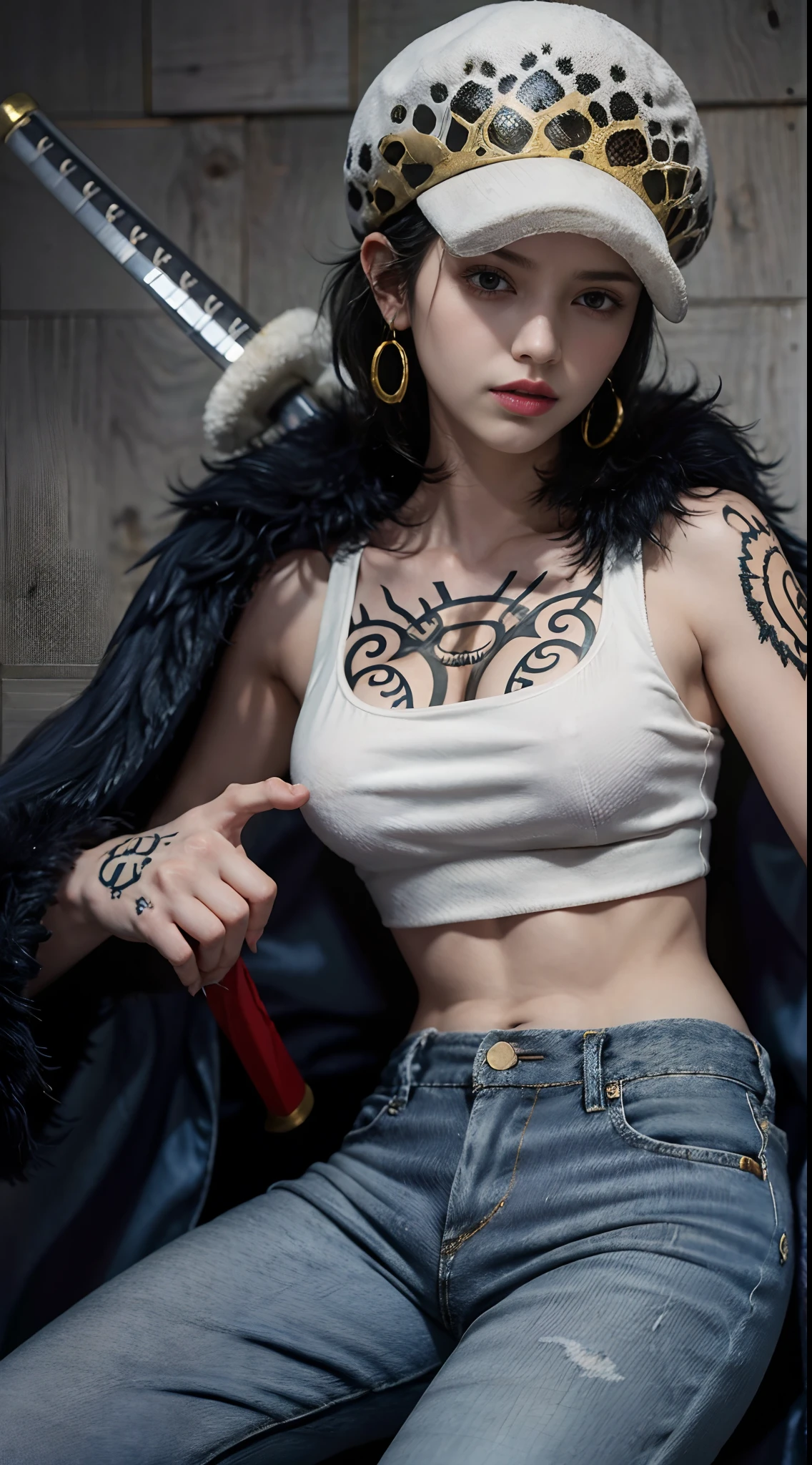 masterpiece, best quality, 8k,highestres, absurdres, extremely detailed, female trafalgar law, 1girl, 1sword, solo, looking at viewer, short hair, medium breasts, hat, navel, cleavage, collarbone, earrings, midriff, pants, coat, fur trim, denim, jeans, shoulder tattoo, hand tattoo, finger tattoo, black fur-trimmed coat, coat on shoulders, yellow tank top,///,