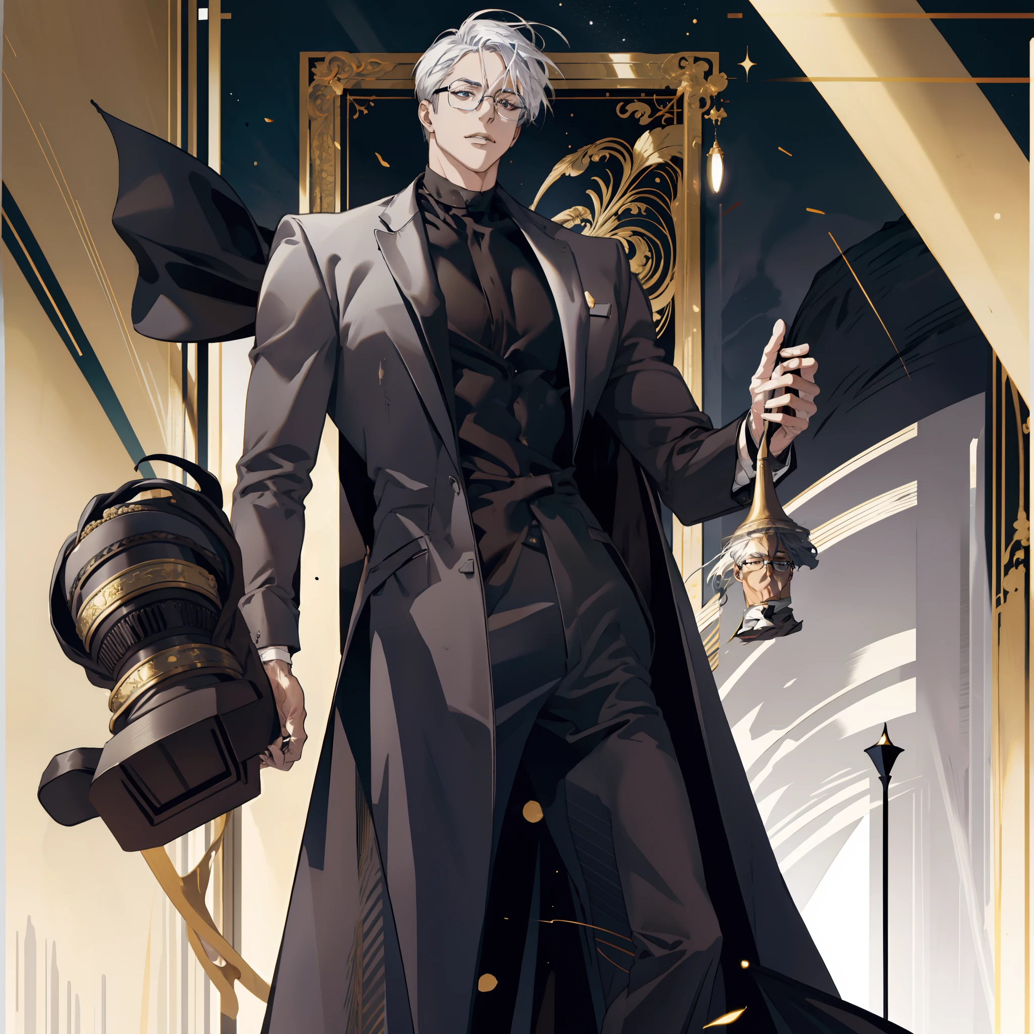 Mature male wearing golden glasses,wearing black suits,silvery white hair,a broad shouldered,large tall,The dorsal side is dark brown