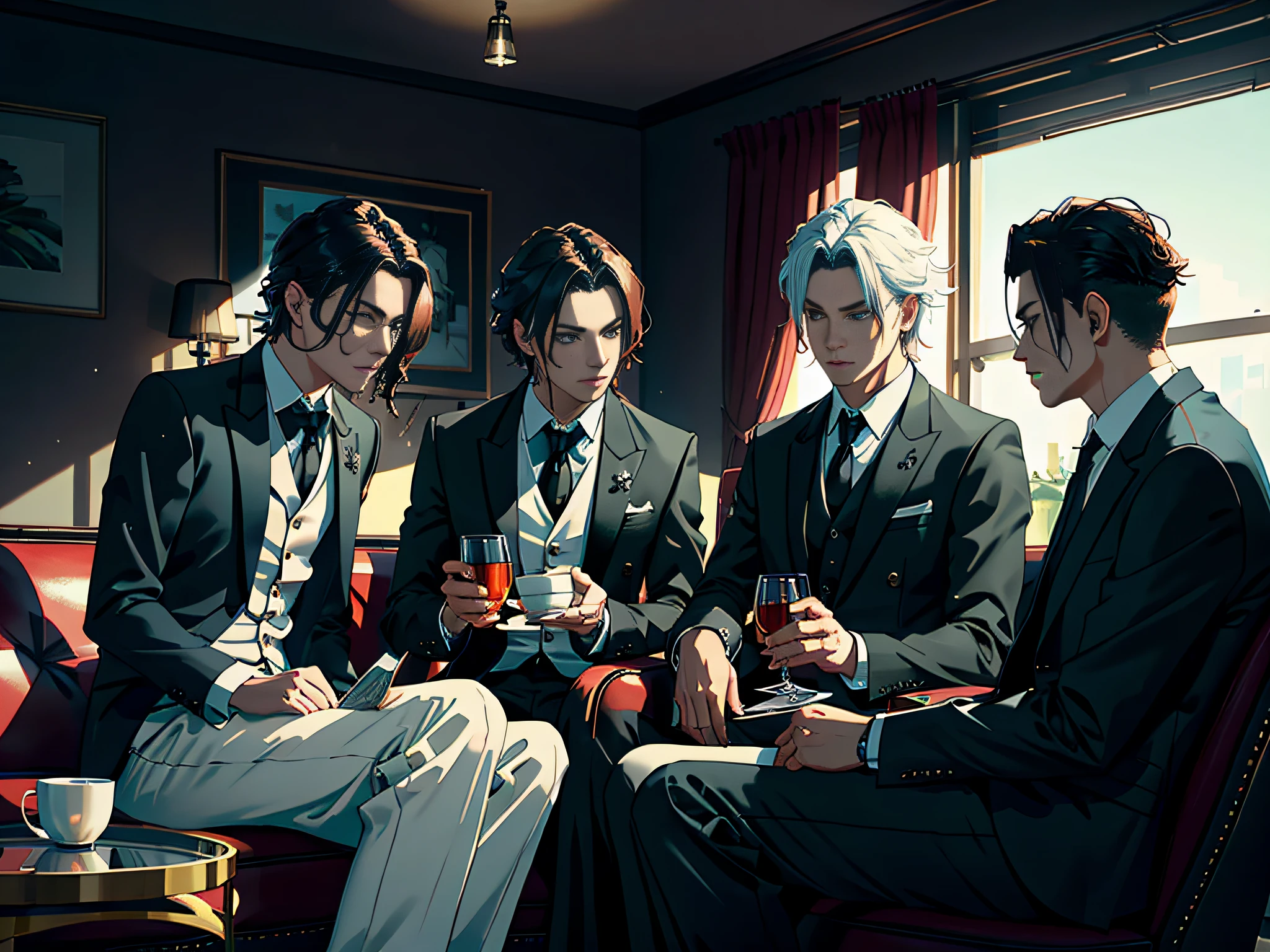 Masterpiece, best quality, 8k, photographic realistic, realistic, octane rendering , a group of men sitting separately on the sofa drinking